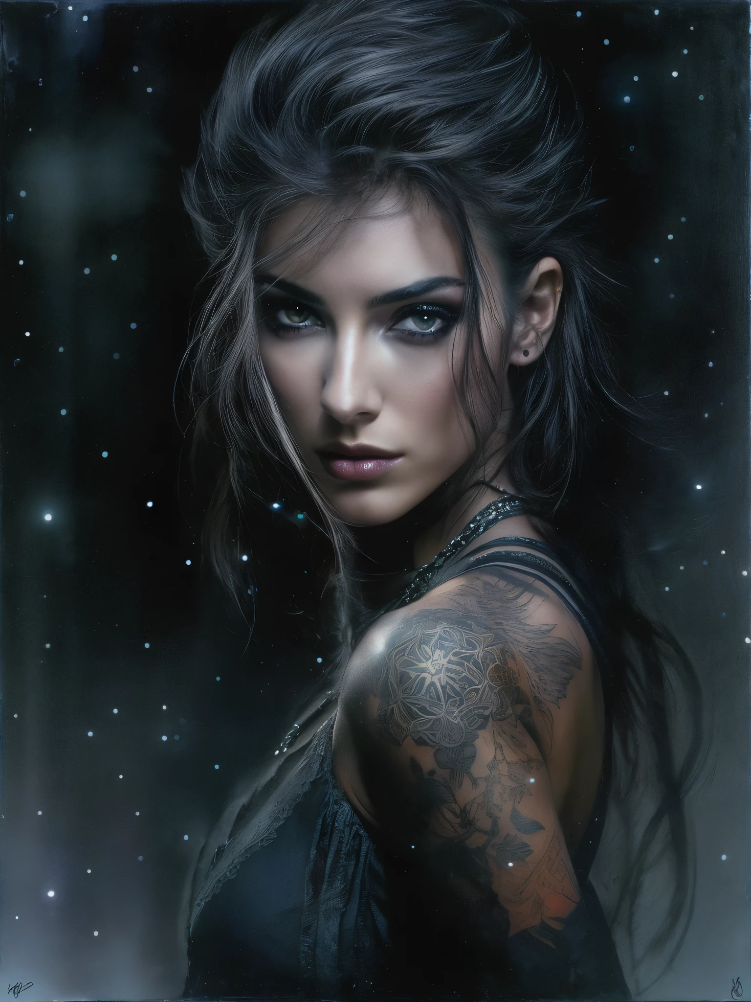 (((close-up shot))), (((nighttime))), (((dark tones))), (((black filter))), (dark outside), Luis Royo-style illustration of a beautiful striking figure, (((slim frame that exudes confidence and resilience))), intricate full sleeve tattoo, (tetradic color combination), 32k resolution, best quality, gaze into the camera, white light. (((fully clothed)))