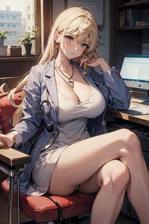 big breasts、necklace、The chest is visible、V-neck shirt、white clothes、female doctor、Stethoscope、Beauty、handsome face、shy look、serious