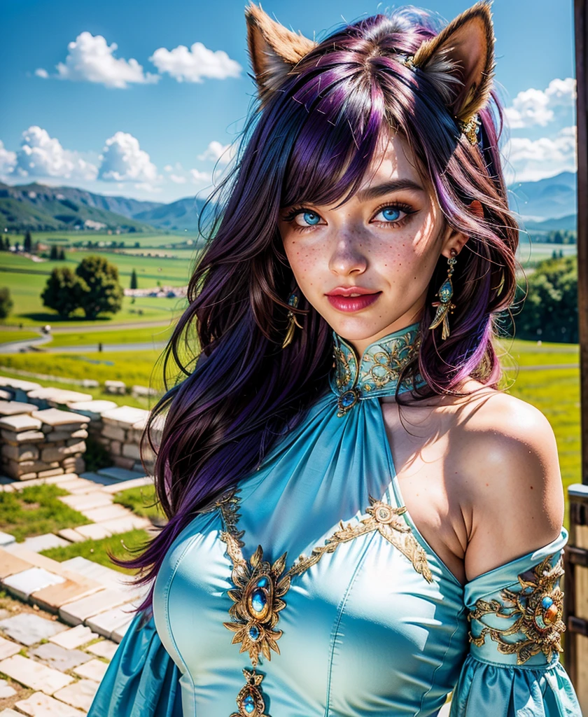 (masterpiece, best quality:1.5), highest quality, High resolution, super detailed, Realists, Upper body photo of a brunette sorceress, detailed and beautiful eyes, beautiful detailed lips, very detailed eyes and face, longeyelashes, shiny satin dress, Holding a wand in your hand and performing a transformation spell, Magic wands present and shiny, Beautiful and colorful makeup, elegant and noble々The jewelry bag, Gardens as background, soft daylight, bright colors, fine brushstrokes, Portrait style, Silk dress fabric, beautiful color palette, glowing skin, First-class rendering, that captures every detail, enchanting atmosphere, subtle shadows and lights, (perfect anatomy:1.2), (The stunning sorceress turns cat into princess (a transformation with the magic wand:1.4), (magnificent panorama view:1.2)