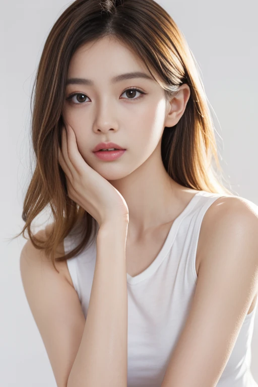 Asian, beautiful, thin, cute, 30 generations, beautiful Face, beautiful Skin, actress, mature, Upper body, light brown hair, thin髪, live action, masterpiece, highest quality, Highly detailed CG Unity 8K wallpaper, ultra high resolution, casual fashion, lit, Summer Fashion, (natural brown hair: 0.8), (puffy eyes), look at the audience, turn around, Bleach Hair, model pose, white background, delicate skin type, light curly hair, Hands around the mouth, white t-shirt, Hair Model Photography