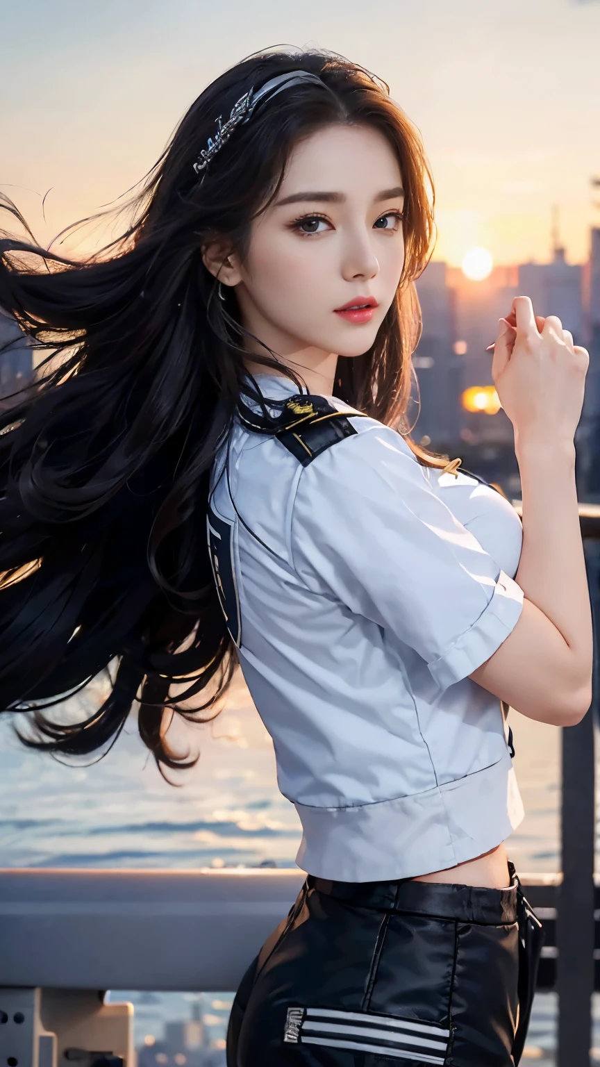 (best quality, 8k, 32k, masterpiece, ultra high definition:1.2), (actual:1.5), (masterpiece, Extremely detailed CG unified 8k wallpaper, best quality, high resolution:1.2), (Super detailed, ultra high definition:1.2), Photo of extremely cute and beautiful Japanese Miss, (chestnut long curly hair:1.2), aldult, (Detail of beautiful girl:1.4), best quality, Miss, aldult, (Detail of US Air Force pilot Captain:1.3), (White Captain Pilot Shirt:1.3), (black high-waist shorts:1.3), (Beautiful sunset US air force base runway Look at the background:1.2), Sorry to laugh:1, looking at the audience, for the audience, ((perfect female body)), (Willow Yao:1.2), (Upper body pictures:1.3), thin and long, abdominal muscles, (Big breasts:1.25), Frame the head, wind, dynamic poses, Light, 背Light, Detailed clothes, perfect anatomy, Perfect proportion, Detailed human body, Fashion model pose,