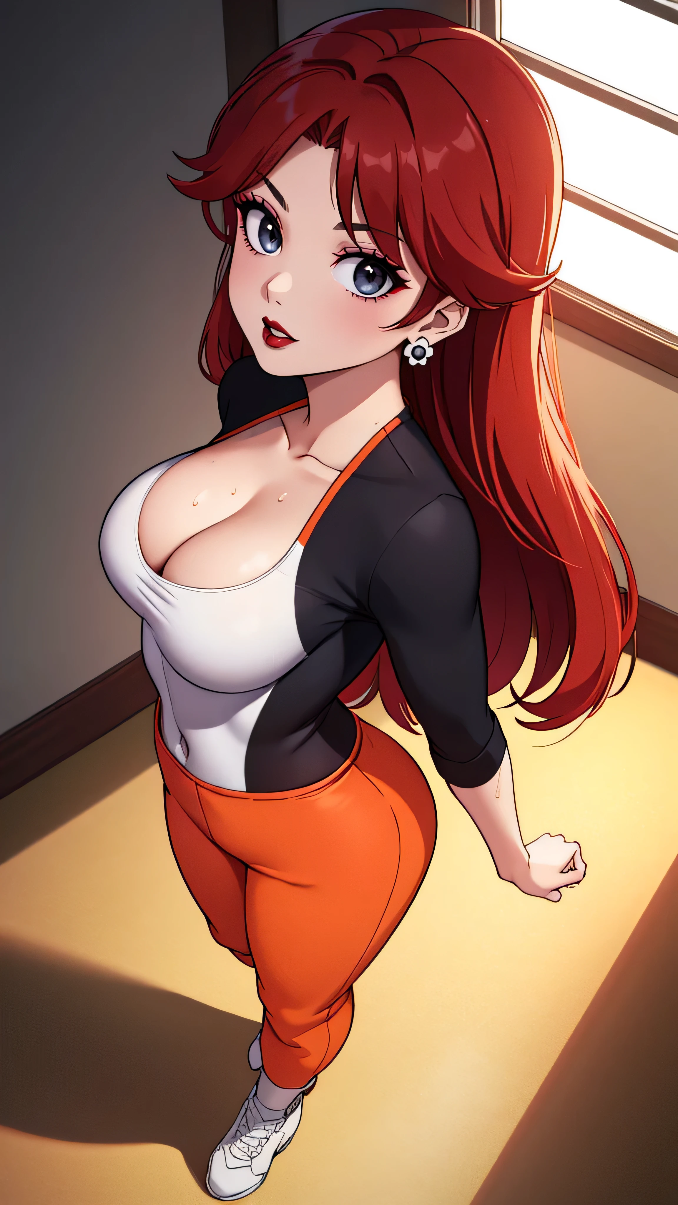 ((high detailed, best quality, 4k, masterpiece, hd:1.3)), ((best quality)), (((HD))), (((8k))), (ultraDH), (ultra HD), Shower_room_background, shower room, Soothing Shower, sunlight through the window, window, wooden room, Princess Daisy, BREAK neon blue eyes, seductive, attractive, sexy smile, smiling, smooth anime cg art, 36C_breasts, cleavage, 36C cleavage, long legs, vivid colors, detailed digital art, slim body, perfect skin, dark red hair, long red hair, dark hair, red hair, long_dark_red_hair_over_breasts, dark_red_hair_over_breast, wet hair, wet red hair, wet_dark_red_hair, wet_dark_red_hair_over_breast, BREAK crown, looking at viewer, BREAK looking at viewer, extremely detailed face, (orange and white jumpsuit), (Jumpsuit:1.5), (orange and white racing suit), (racing suit:1.5), (orange high heels), no bra, no underwear, full body, earrings, gem, dark gothic eyeshadows, dark eyeshadows, black eyeshadows, black_sexy_lips, black lips, dark lips, gothic painted lips, dark_black_lips, very dark lips, black_painted_lips, (very thin lips), thin lips, detailed lips, (dark:1.2), (perfect hands, perfect anatomy), black makeup, detailed fingers, five fingers per hand, 5 fingers, (1 girl), (solo:1.3), (breast focus), (breasts out:1.3), (from above:1.3), (arms behind back:1.3),