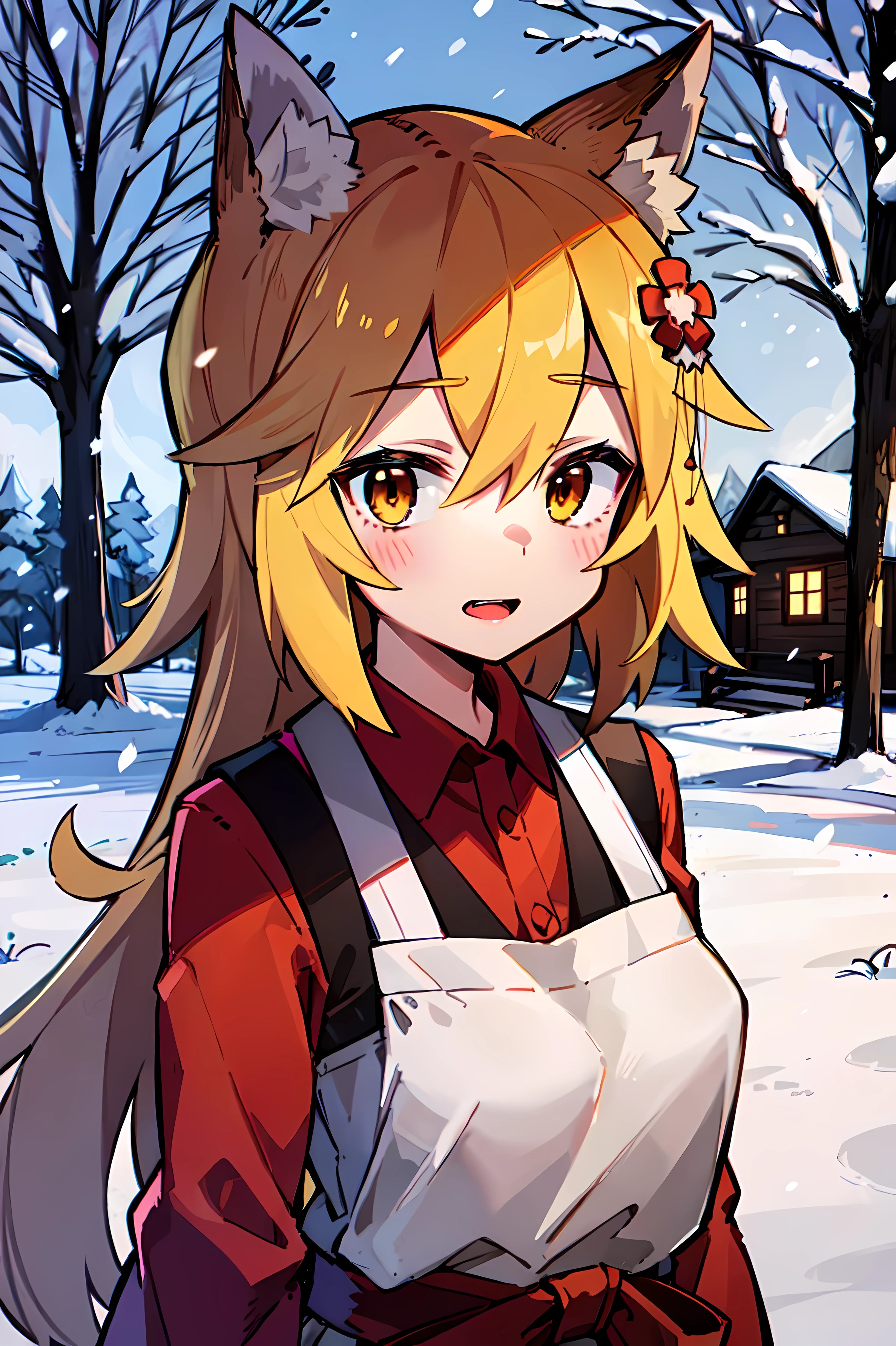 Young woman, Fox ears, 4K image, flowers of different colors, field, Beautiful trees, Maximum details, village, Houses, Beautiful cloud, a very nice girl, fists, Preparing for battle, Aggressive face, Vampire's Tooth, White Trees, snow, overcast weather, snowурочка, Наряд snowурочки