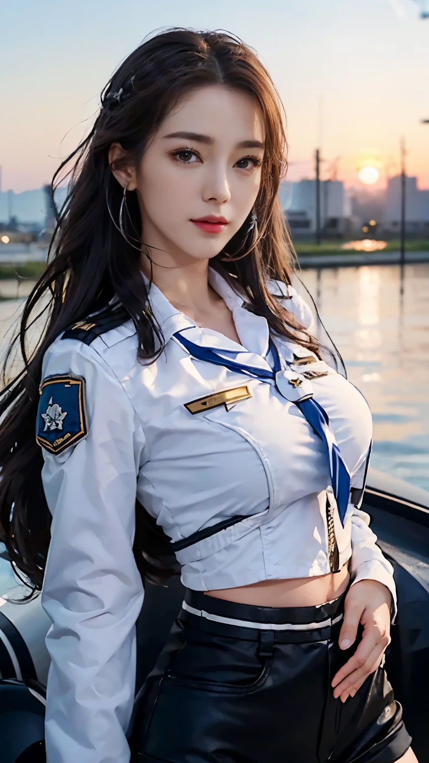 (best quality, 8k, 32k, masterpiece, ultra high definition:1.2), (actual:1.5), (masterpiece, Extremely detailed CG unified 8k wallpaper, best quality, high resolution:1.2), (Super detailed, ultra high definition:1.2), Photo of extremely cute and beautiful Japanese Miss, (chestnut long curly hair:1.2), aldult, (Detail of beautiful girl:1.4), best quality, Miss, aldult, (Detail of US Air Force pilot Captain:1.3), (White Captain Pilot Shirt:1.3), (black high-waist shorts:1.3), (Beautiful sunset US air force base runway Look at the background:1.2), Sorry to laugh:1, looking at the audience, for the audience, ((perfect female body)), (Willow Yao:1.2), (Upper body pictures:1.3), thin and long, abdominal muscles, (Big breasts:1.25), Frame the head, wind, dynamic poses, Light, 背Light, Detailed clothes, perfect anatomy, Perfect proportion, Detailed human body, Fashion model pose,