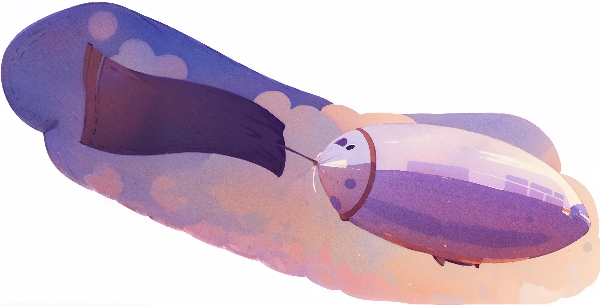 A lovely brightly coloured airship in the shape of a circle, the craft flying in the sky with a banner shaped strip of cloth trailing from its tail, the composition in purple tones