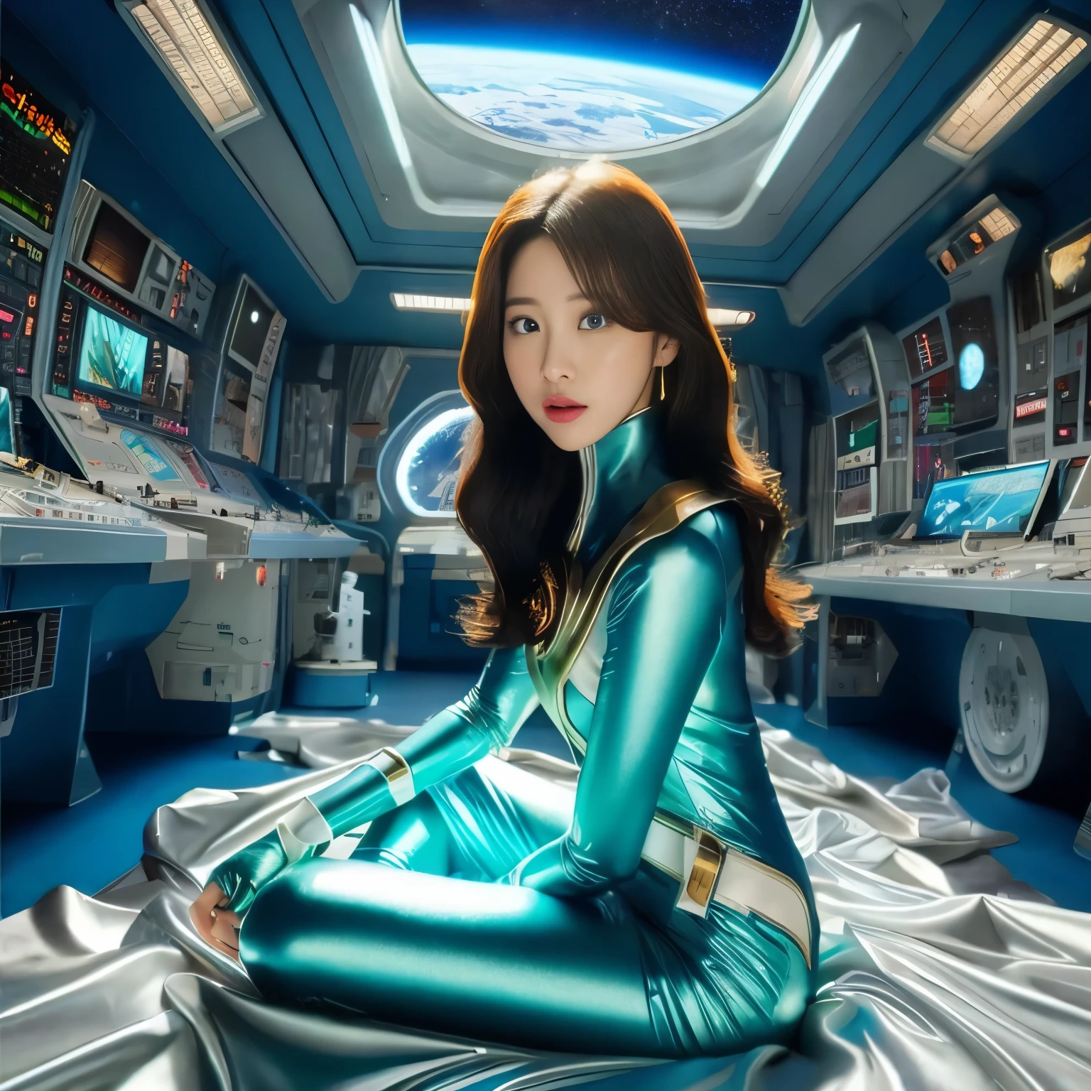 (highest quality, 8K, 32K, masterpiece, UHD: 1.3), (Photos of attractive women in Japan), (cyber punk: 1.4), (realism: 1.4), (highest quality: 1.0), (super resolution: 1.0)Close-up of a woman in a blue suit sitting on a bed with, powerful woman sitting in space, Portrait Anime Super Battle Girl, space girl, inside the spaceship, As a retro-futuristic heroine, power rangers、Beautiful woman dressed in a squadron suit, in spacecraft, IU Lee Ji Eun plays a super villain, 未来のin spacecraft, portrait heroine girl, inside the spaceship悲しそうに座っている