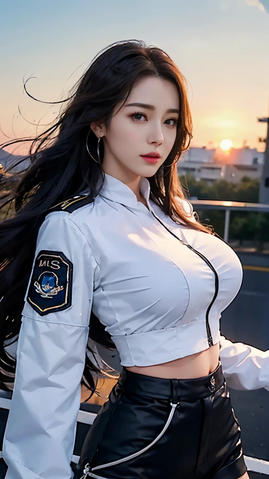 (best quality, 8k, 32k, masterpiece, ultra high definition:1.2), (actual:1.5), (masterpiece, Extremely detailed CG unified 8k wallpaper, best quality, high resolution:1.2), (Super detailed, ultra high definition:1.2), Photo of extremely cute and beautiful Japanese Miss, (chestnut long curly hair:1.2), aldult, (Detail of beautiful girl:1.4), best quality, Miss, aldult, (Detail of US Air Force pilot Captain:1.3), (White Captain Pilot Shirt:1.3), (black high-waist shorts:1.3), (Beautiful sunset US air force base runway Look at the background:1.2), Sorry to laugh:1, looking at the audience, for the audience, ((perfect female body)), (Willow Yao:1.2), (Upper body pictures:1.3), thin and long, abdominal muscles, (Big breasts:1.25), Frame the head, wind, dynamic poses, Light, 背Light, Detailed clothes, perfect anatomy, Perfect proportion, Detailed human body, Fashion model pose,,huge boobs,huge ,expose breast,expose breast,