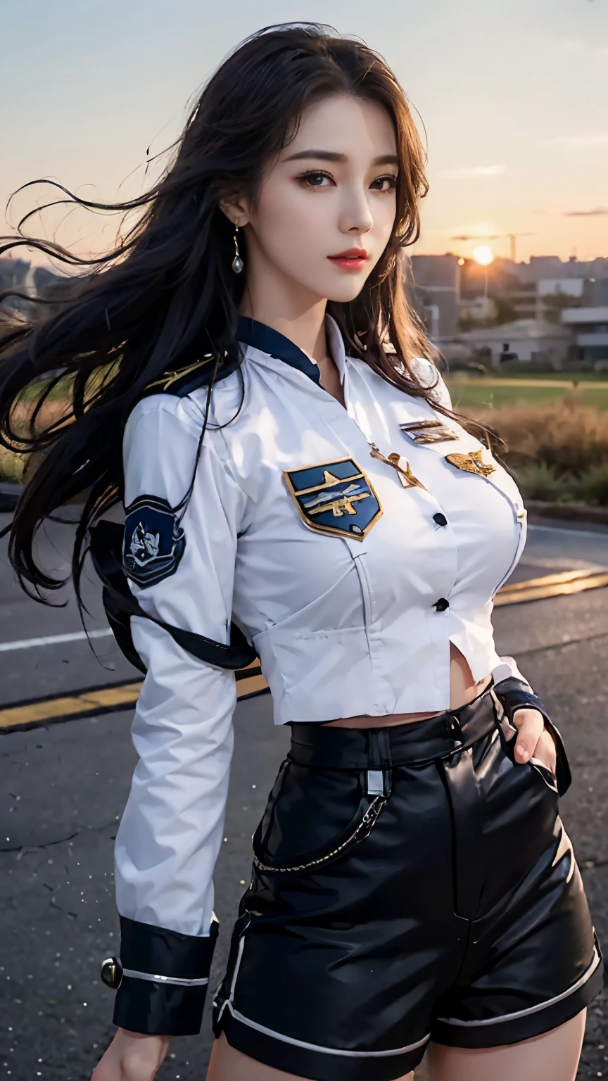 (best quality, 8k, 32k, masterpiece, ultra high definition:1.2), (actual:1.5), (masterpiece, Extremely detailed CG unified 8k wallpaper, best quality, high resolution:1.2), (Super detailed, ultra high definition:1.2), Photo of extremely cute and beautiful Japanese Miss, (chestnut long curly hair:1.2), aldult, (Detail of beautiful girl:1.4), best quality, Miss, aldult, (Detail of US Air Force pilot Captain:1.3), (White Captain Pilot Shirt:1.3), (black high-waist shorts:1.3), (Beautiful sunset US air force base runway Look at the background:1.2), Sorry to laugh:1, looking at the audience, for the audience, ((perfect female body)), (Willow Yao:1.2), (Upper body pictures:1.3), thin and long, abdominal muscles, (Big breasts:1.25), Frame the head, wind, dynamic poses, Light, 背Light, Detailed clothes, perfect anatomy, Perfect proportion, Detailed human body, Fashion model pose,,huge boobs,huge ,expose breast,expose breast,