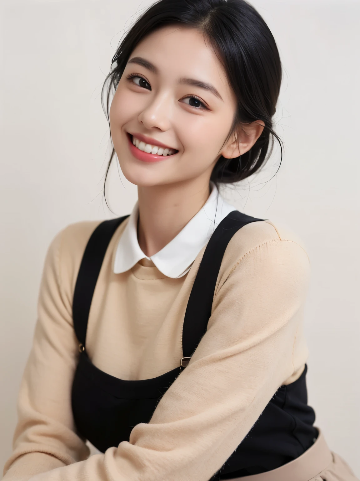 masterpiece、highest quality、(long shot)、((white wall))、((simple background))、1 girl、(Upper body)、(black eyes)、(long eyelashes)、Diagonal angle、[[profile]]、smile、white teeth、((beautiful row of teeth))、medium hair、(black hair)、Fashionable、long sleeve、(Beige clothes)
