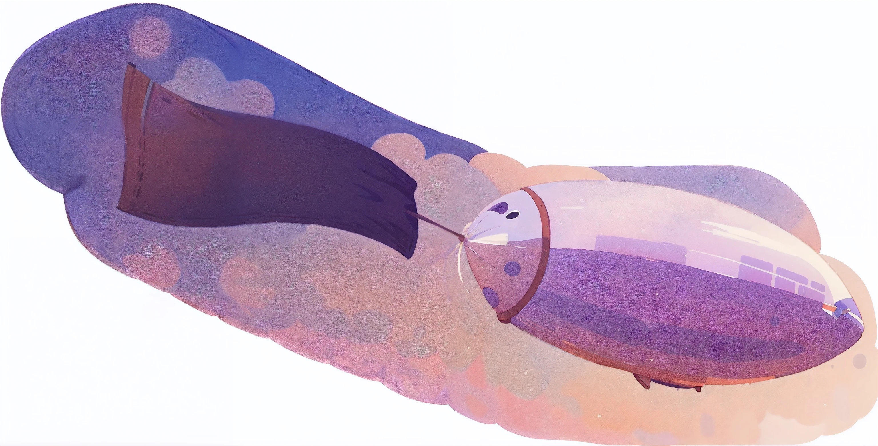 A lovely brightly coloured airship in the shape of a circle, the craft flying in the sky with a banner shaped strip of cloth trailing from its tail, the composition in purple tones