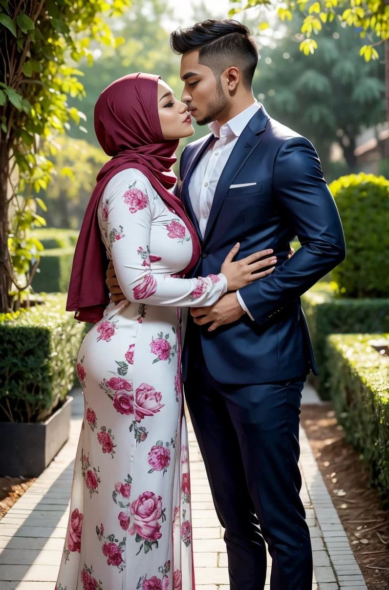 A young woman, wearing dark red colour saree, golden border, black colour blouse,full sleeve, golden colour hijab covering her head,a military man, tall, (clean shaved),olive colour uniform,full sleeve, embracing the girl, the scene is set in a medical college ,the is clean shaved,no beard on face