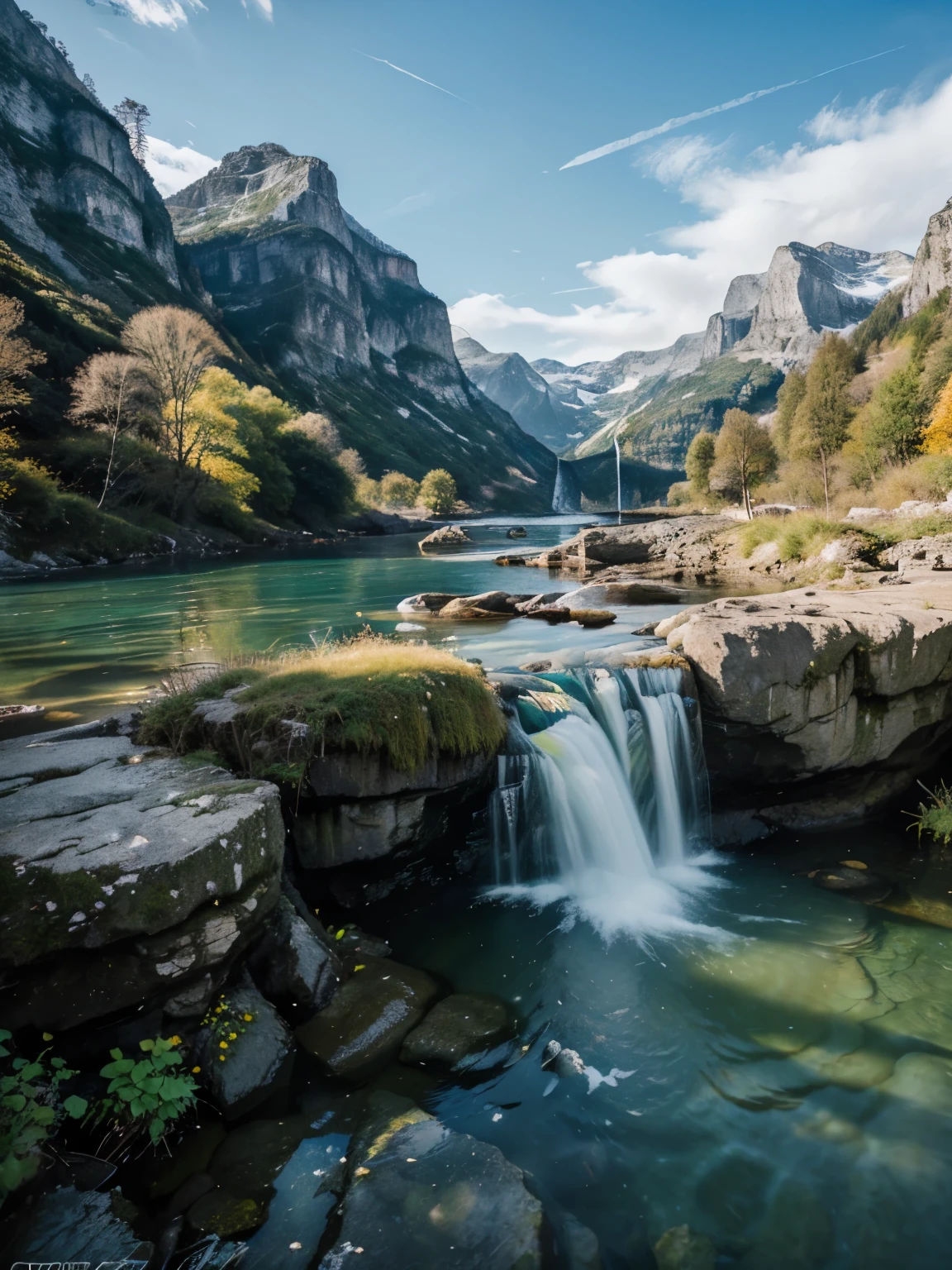 landscape photography, foreground, Rock, interested subject waterfall, silky water, long exporsure, sky clear, brightnes, leading Line composition, day evening, location Switzerland, Lightroom presets color tone smooth, blue, green, orange, yellow, sharp fokus, crispy, details, high quality, UHD graphics, 8k.