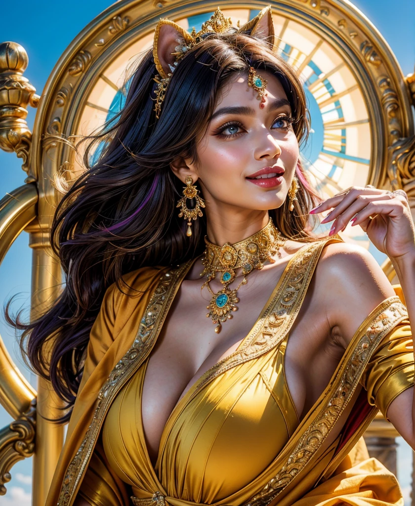 masterpiece, Best Quality, Illustration, Ultra-detailed, finely detail, high resolution, 8K Wallpaper, Perfect dynamic composition, beautiful thin, tall, woman with cat ears, big golden luminescent detailed, intricate, realistic eyes, big red lips, realistic detailed face and skin, eyeliner, eyeshadow, layered, big shoulder length purple hair, floating hair, messy hair, hair framing face, mischievous smile, elaborate dress, full body, Pamukkale background, blue sky, full body photo,