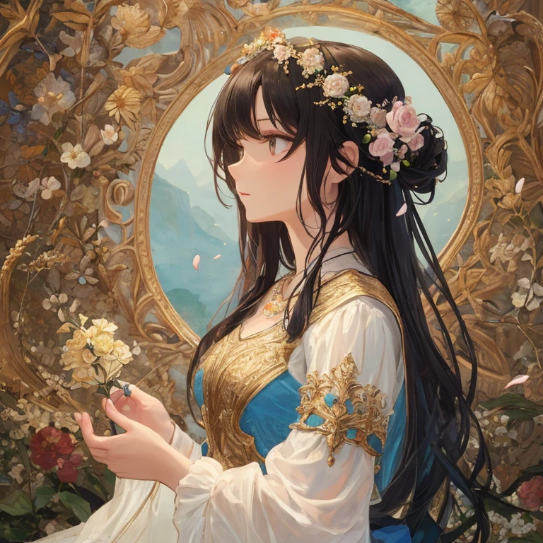 1 girl, masterpiece, top quality, beautiful and aesthetic: 1.2, fractal art: 1.3, jewels, detailed clothes, detailed round picture frame, delicate flower crown, profile, blue, petals fluttering, wistful expression