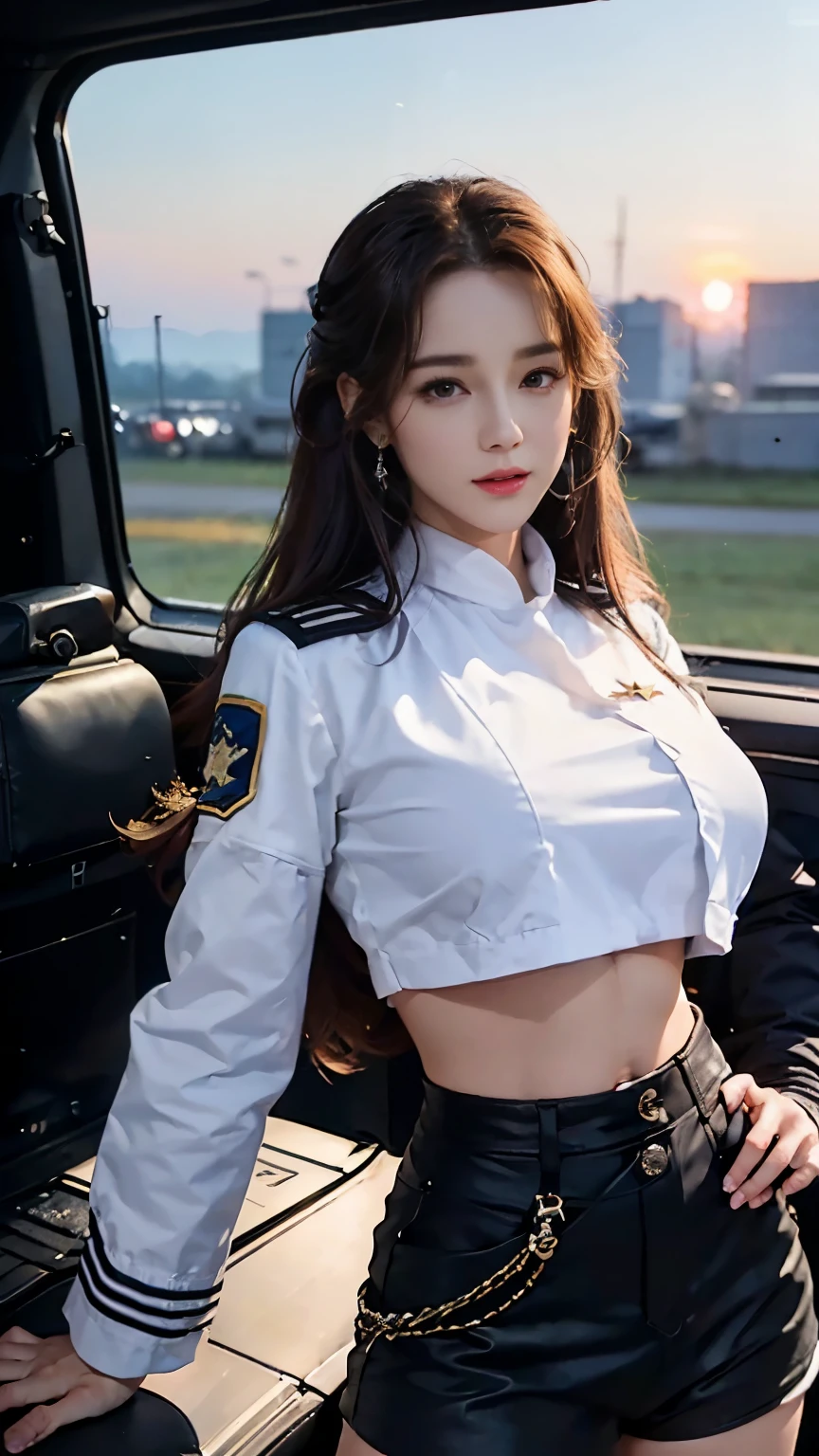 (best quality, 8k, 32k, masterpiece, ultra high definition:1.2), (actual:1.5), (masterpiece, Extremely detailed CG unified 8k wallpaper, best quality, high resolution:1.2), (Super detailed, ultra high definition:1.2), Photo of extremely cute and beautiful Japanese Miss, (chestnut long curly hair:1.2), aldult, (Detail of beautiful girl:1.4), best quality, Miss, aldult, (Detail of US Air Force pilot Captain:1.3), (White Captain Pilot Shirt:1.3), (black high-waist shorts:1.3), (Beautiful sunset US air force base runway Look at the background:1.2), Sorry to laugh:1, looking at the audience, for the audience, ((perfect female body)), (Willow Yao:1.2), (Upper body pictures:1.3), thin and long, abdominal muscles, (huge boobs:1.25), Frame the head, wind, dynamic poses, Light, 背Light, Detailed clothes, perfect anatomy, Perfect proportion, Detailed human body, Fashion model pose,,huge boobs,huge boobs,expose breast,expose breast,huge boobs,huge
