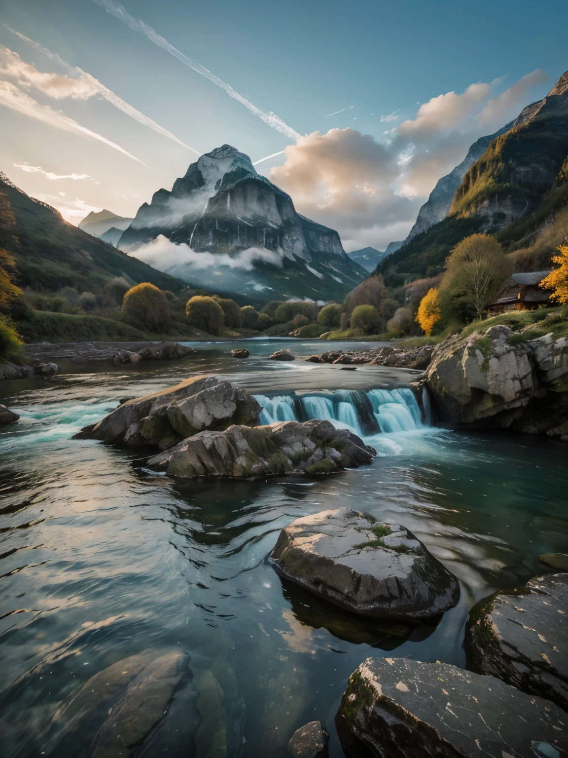 landscape photography, foreground, Rock, interested subject waterfall, silky water, long exporsure cloud, sky clear, brightnes, leading Line composition, day evening, location Switzerland, Lightroom presets color tone smooth, blue, green, orange, yellow, sharp fokus, crispy, details, high quality, UHD graphics, 8k.