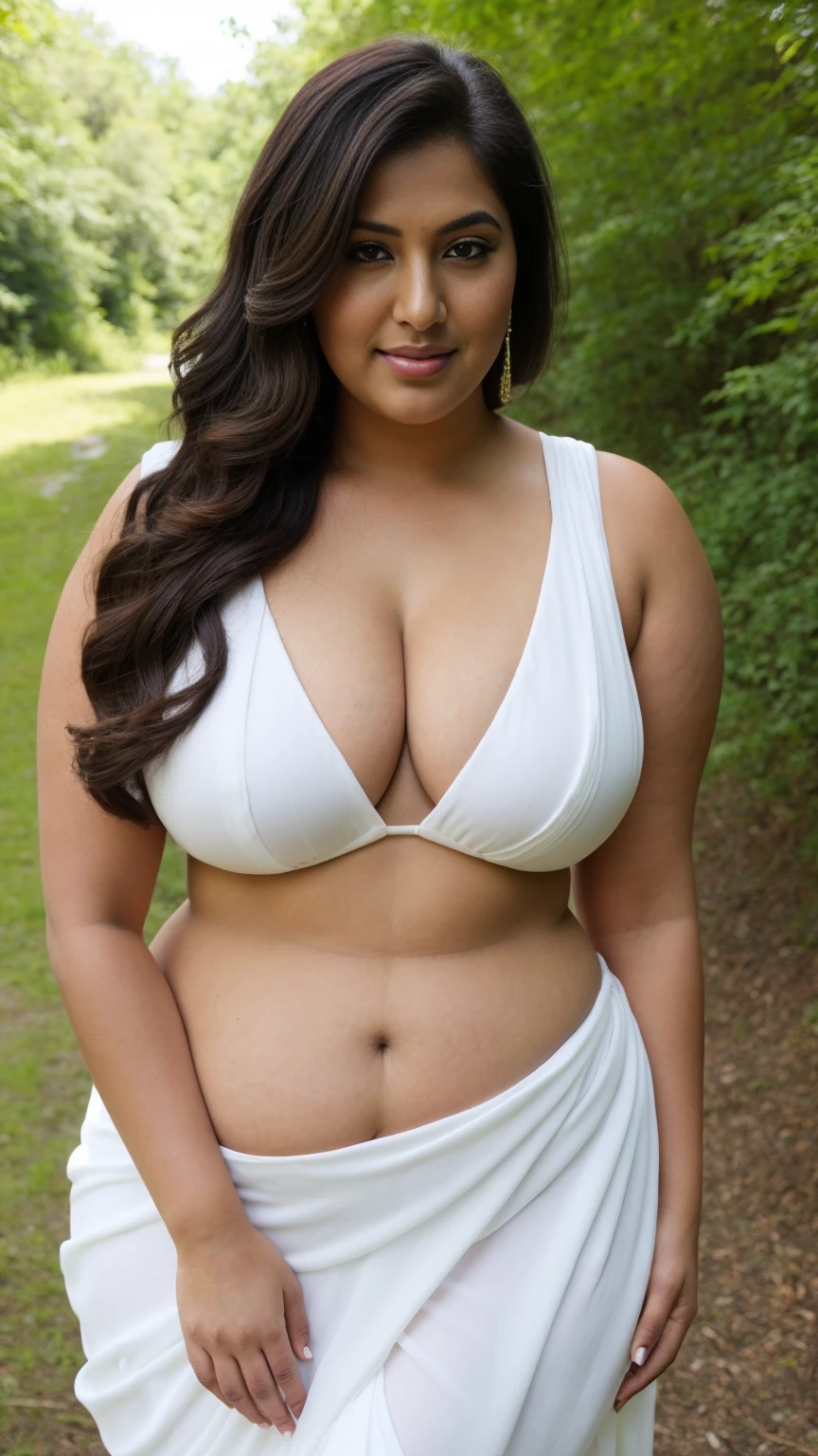 Indian beautiful woman sexy curvy plus size model wearing White Beauty in Sari : Charm & Nature facing to camera in standing position, curvy plus size figure, big m-cup bulky breasts ,wearing White Beauty in Sari : Charm & Nature, side bun hairstyle, bright eyes, thin eyebrows, fair skin, blushing cheeks, prefect , head to thigh view, beautiful nature background and location, head to thigh view