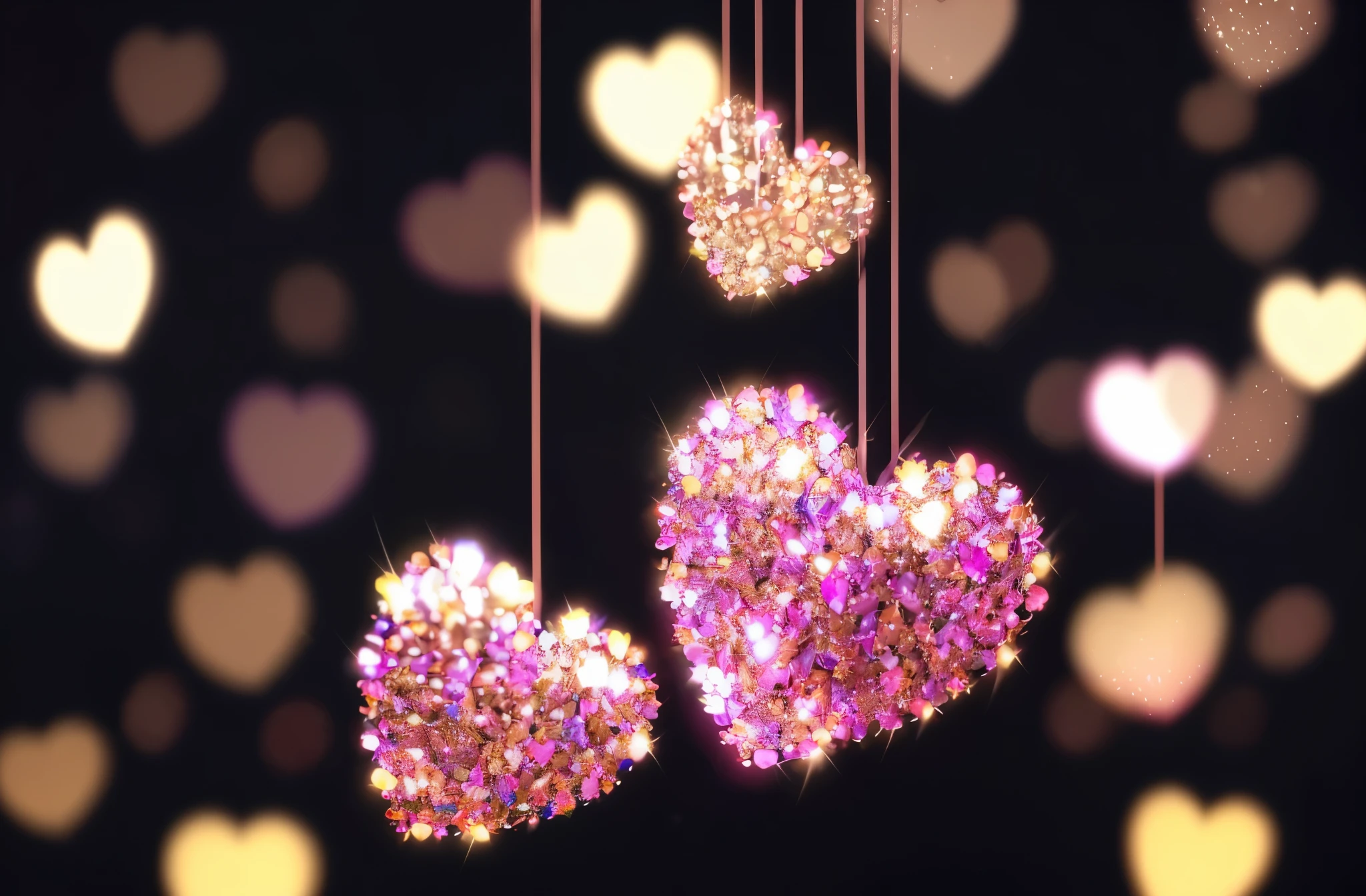 colorful、a close up of a bunch of hearts on a dark background, falling hearts, many hearts, Bokeh backdrop, beautiful image, !!beautiful!!, light scattered, amazing background, hearts, beautiful background, shine, lovely Bokeh, heart effects, Lots of glittering lights, beautiful art, Bokeh ), (heart), several hearts, light shine