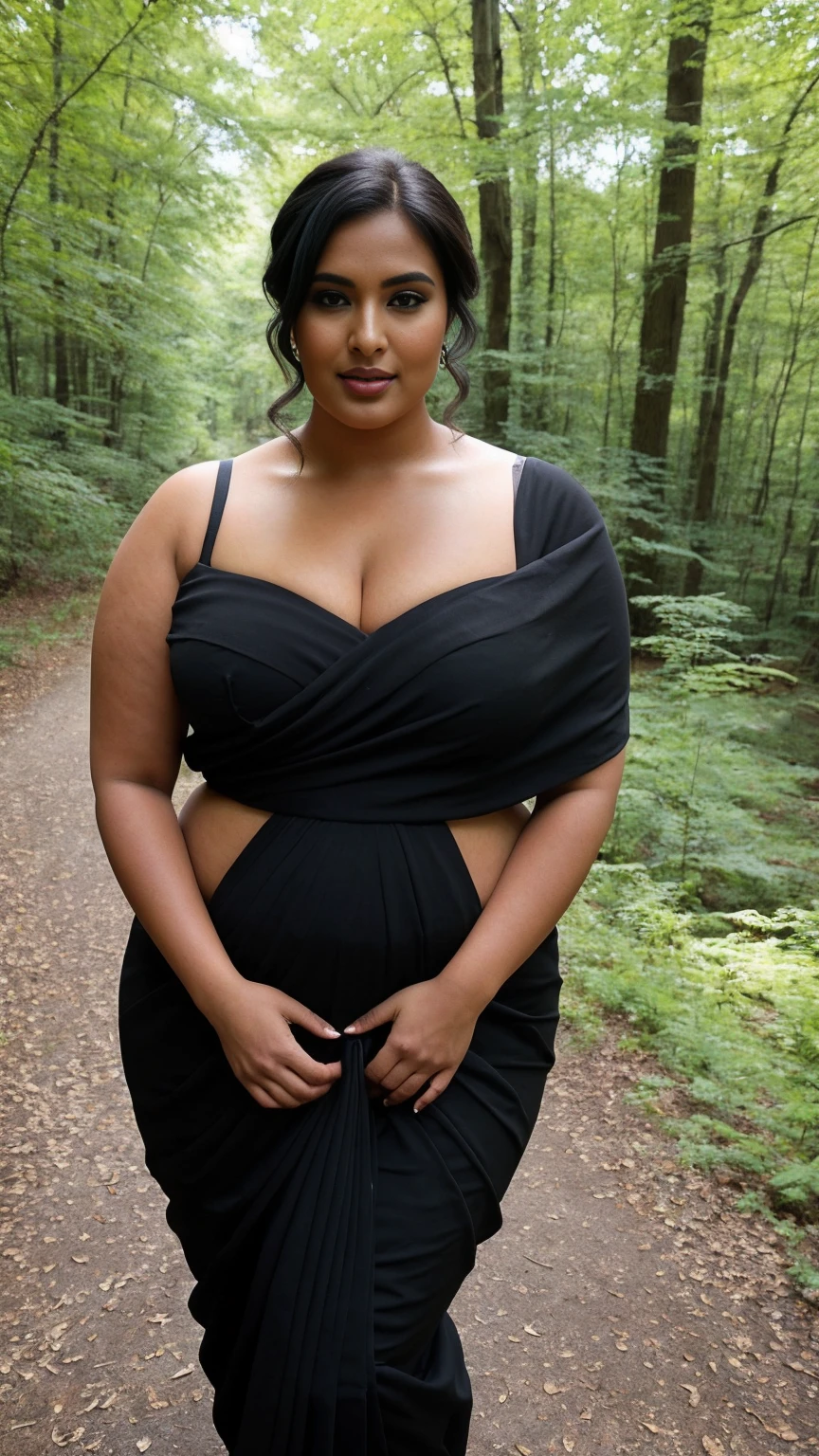 Indian beautiful woman sexy curvy plus size model wearing Black Beauty in Sari : Charm & Nature facing to camera in standing position, curvy plus size figure, big m-cup bulky breasts ,wearing Black Beauty in Sari : Charm & Nature, side bun hairstyle, bright eyes, thin eyebrows, fair skin, blushing cheeks, prefect , head to thigh view, beautiful nature background and location, head to thigh view