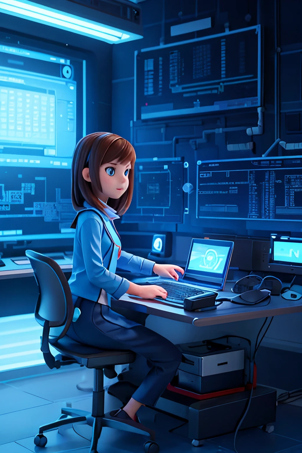 Banner background cute female student working on computer, can be made in technological shades, blue, фиолетовый или темно-blue. Adding Elements, programming related (code icons, computers) and game design elements (controllers, pixel icons).