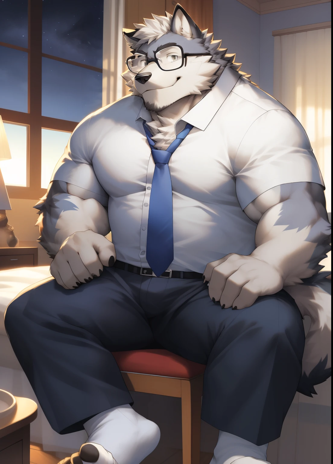hairy,((Wolf,white shirt,tie,white socks)),white fur,male,Common,full body picture((极其lifelike阴影,masterpiece,Very detailed,lifelike)), ((Cat)),dynamic poses,in the bedroom,Black-rimmed glasses,smirk,sit on the chair,window location,night((极其lifelike背景,masterpiece,Very detailed,lifelike)),穿着white socks