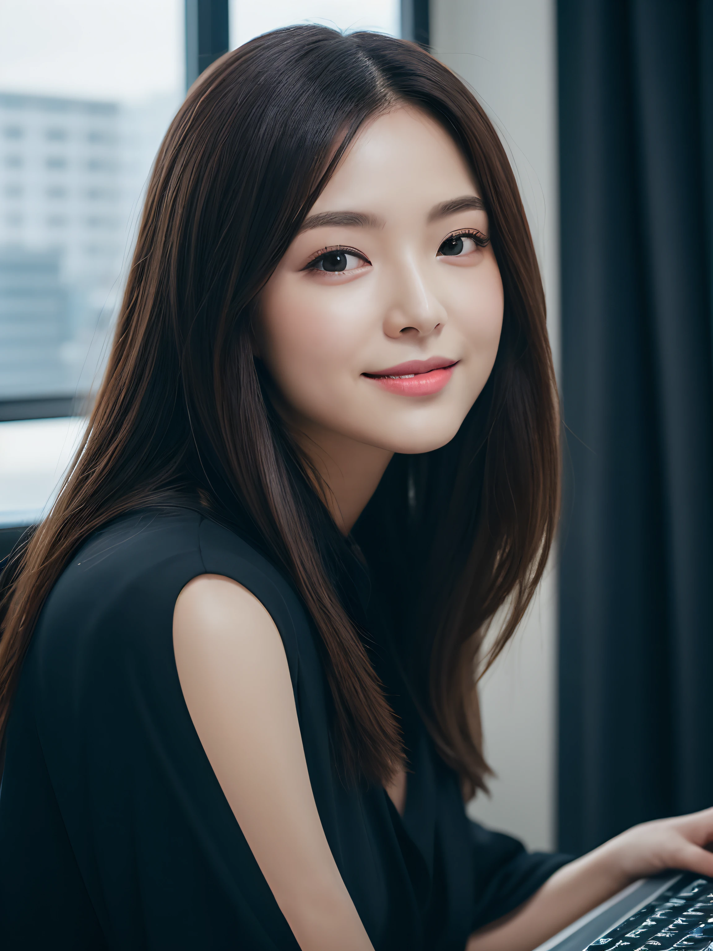 (girl with: 1.6), (lola:RussianDoll:0.4), (lola:TaiwanDoll:0.4), (Best Quality, 8K, masutepiece: 1.3), Focus 1.2, Perfect Body Beauty: 1.4, Highly detailed face and skin texture, Delicate eyes, Double eyelids, Whitened skin, long hair split edges, (Round face: 1.4), gaze at the audience, Leaking teeth and smiling, Sit next to the audience, window, (Full body: 1.1), Secretary, assistant, Black business suit, (Standing), (high-heels), Tight skirt, Sitting in office in skyscraper using computer, a computer, printer, desk work, Office Chair, document, folder, a computer, Note PC, mobile phone, teacup