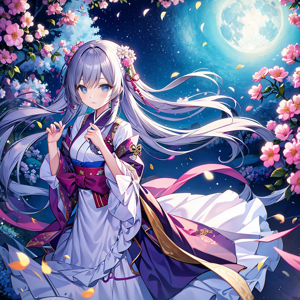 highest quality, expensive_solve, clear_image, detailed background ,girl, Hanbok,flower,garden,moon, night,