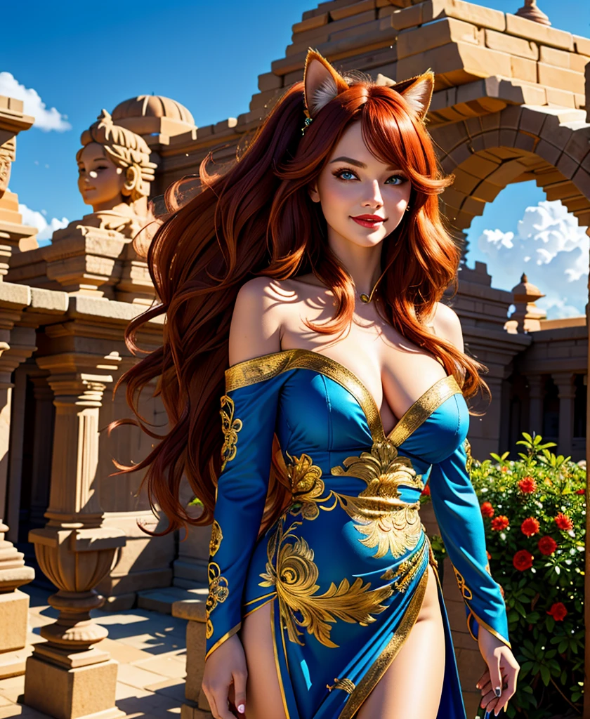 masterpiece, Best Quality, Illustration, Ultra-detailed, finely detail, high resolution, 8K Wallpaper, Perfect dynamic composition, beautiful thin, tall, woman with cat ears, big golden luminescent detailed, intricate, realistic eyes, big red lips, realistic detailed face and skin, eyeliner, eyeshadow, layered, big shoulder length red hair, floating hair, messy hair, hair framing face, mischievous smile, elaborate dress, full body, hampi background, blue sky, full body photo,