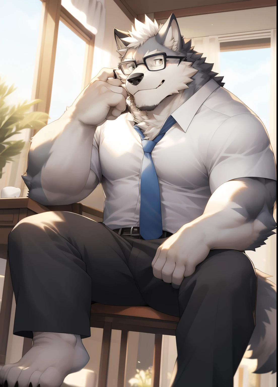 hairy，（（Wolf，white shirt，tie，，white socks）），white fur，male，Common，full body picture（（极其lifelike阴影，masterpiece，Very detailed，lifelike））， （（Cat）），dynamic poses，in the bedroom，Black-rimmed glasses，smirk，sit on the chair，window location，（（极其lifelike背景，masterpiece，Very detailed，lifelike）），穿着white socks