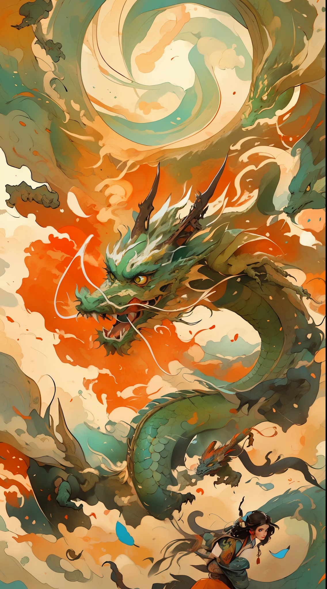 有一条Dragon in the sky上飞, Victor May and Tristan Eaton, Weta Workshop and James Jean, studio ghibli and dan mumford, victor my style, James Jean and Victor May, Inspired by NEVERCREW, Chinese fantasy, Beeple and James Jean, Dragon in the sky, A beautiful artistic illustration, majestic japanese dragon