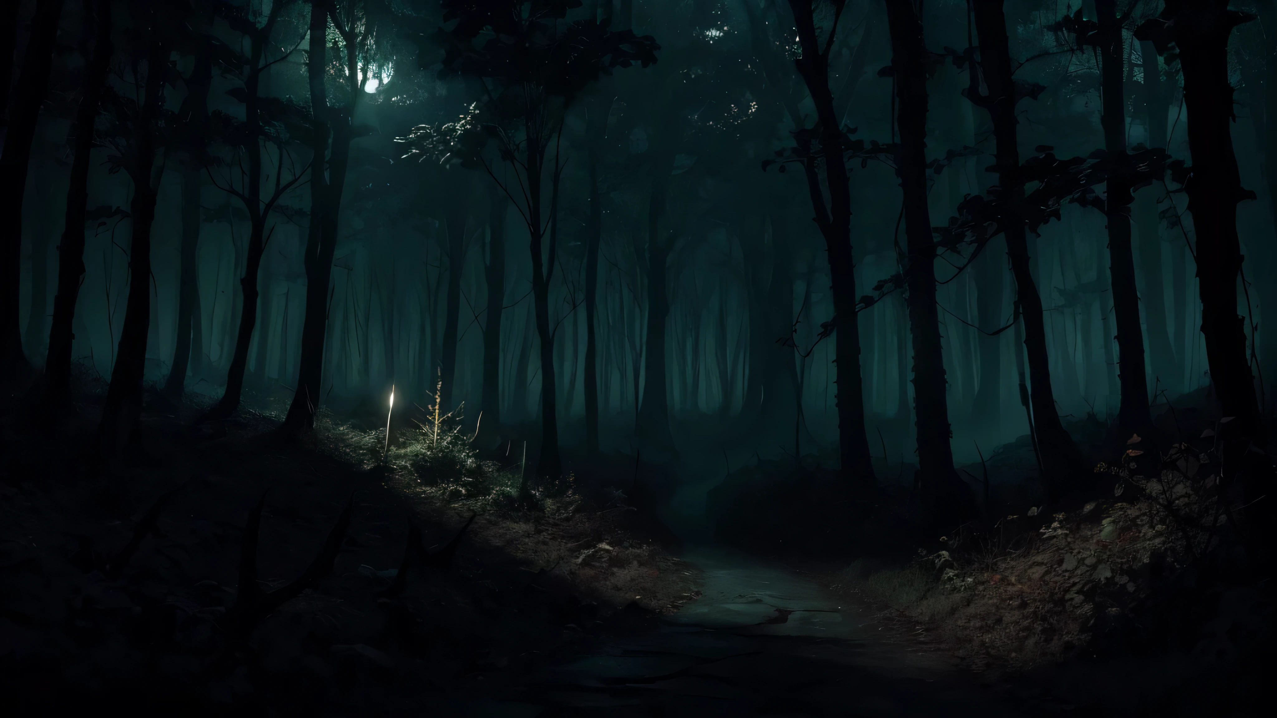a spear with thorns in a dark and dense dark forest at night, Clima denso, gothic horror vibes, arte de fantasia de terror, cores mortas