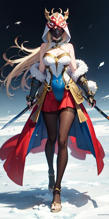 ((best quality)), ((masterpiece)), (detailed),full body anime picture of a masked samurai princess , hooded , sleeveless strapless outfit , gown , french gown , mask , pantyhose , leotard , herald , hidden eyes , blades , lector , ice , blue and white clothing , armor , armored gown