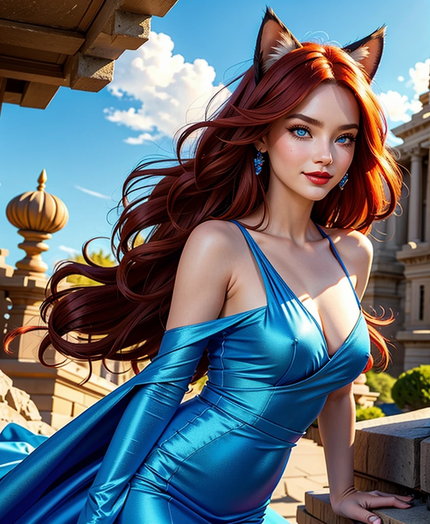 masterpiece, Best Quality, Illustration, Ultra-detailed, finely detail, high resolution, 8K Wallpaper, Perfect dynamic composition, beautiful thin, tall, woman with cat ears, big ice blue luminescent detailed, intricate, realistic eyes, big red lips, realistic detailed face and skin, eyeliner, eyeshadow, layered, big shoulder length red hair, floating hair, messy hair, hair framing face, mischievous smile, elaborate dress, full body, hampi background, blue sky, full body photo,