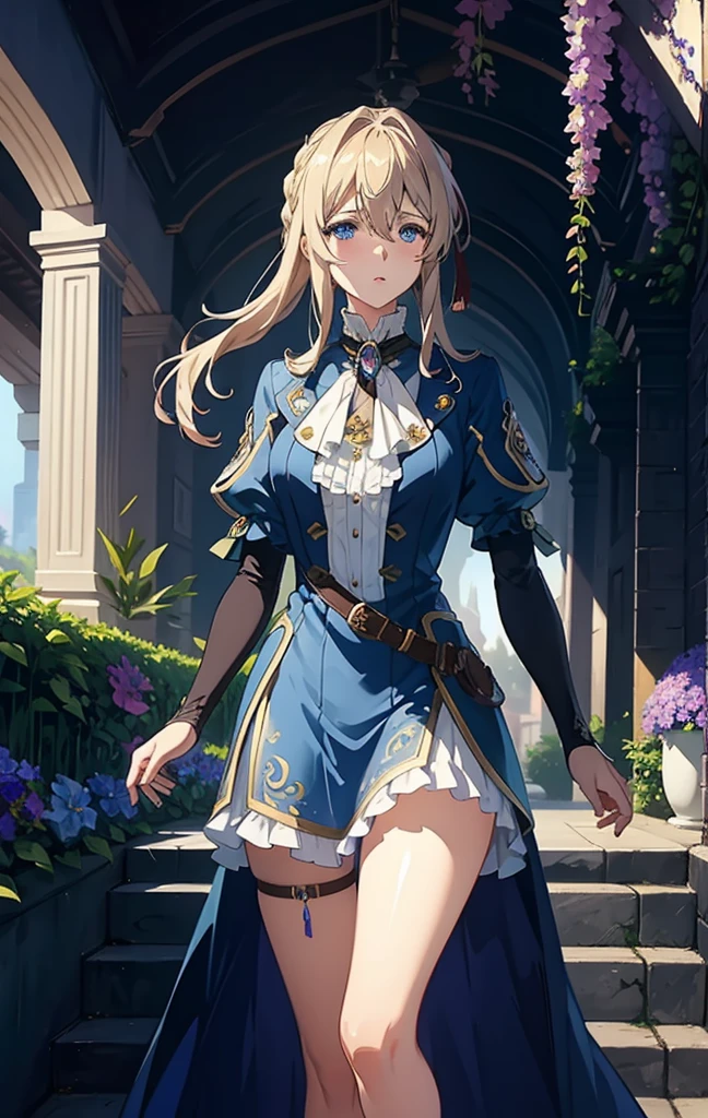 official art,unity 8k wallpaper,ultra detailed,beautiful and aesthetic,masterpiece,best quality,garden in the background,flower world,(fractal art:1.1),1girl,Violet Evergarden,blond,blue_eyes,dress,ribbon,jacket,jewel,(look at the audience),extremely detailed,dynamic angle,cowboyshot,(elegant),(sad),vivid colours,(romanticism),baihuaniang,flowers made of metal,flower,CyberPunkAI,fantasy tech,(robotic arm),(flowers float all around),violet_evergarden,look at the audience,