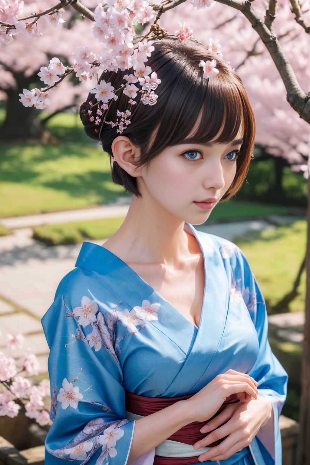 (masterpiece, best quality:1.3)
BGIsobel, 1girl, short hair, blue eyes, pointy ears, yukata, japan, cherry blossoms, hair ornament, very detailed peeking peeking, extremely detailed, trending on artstation