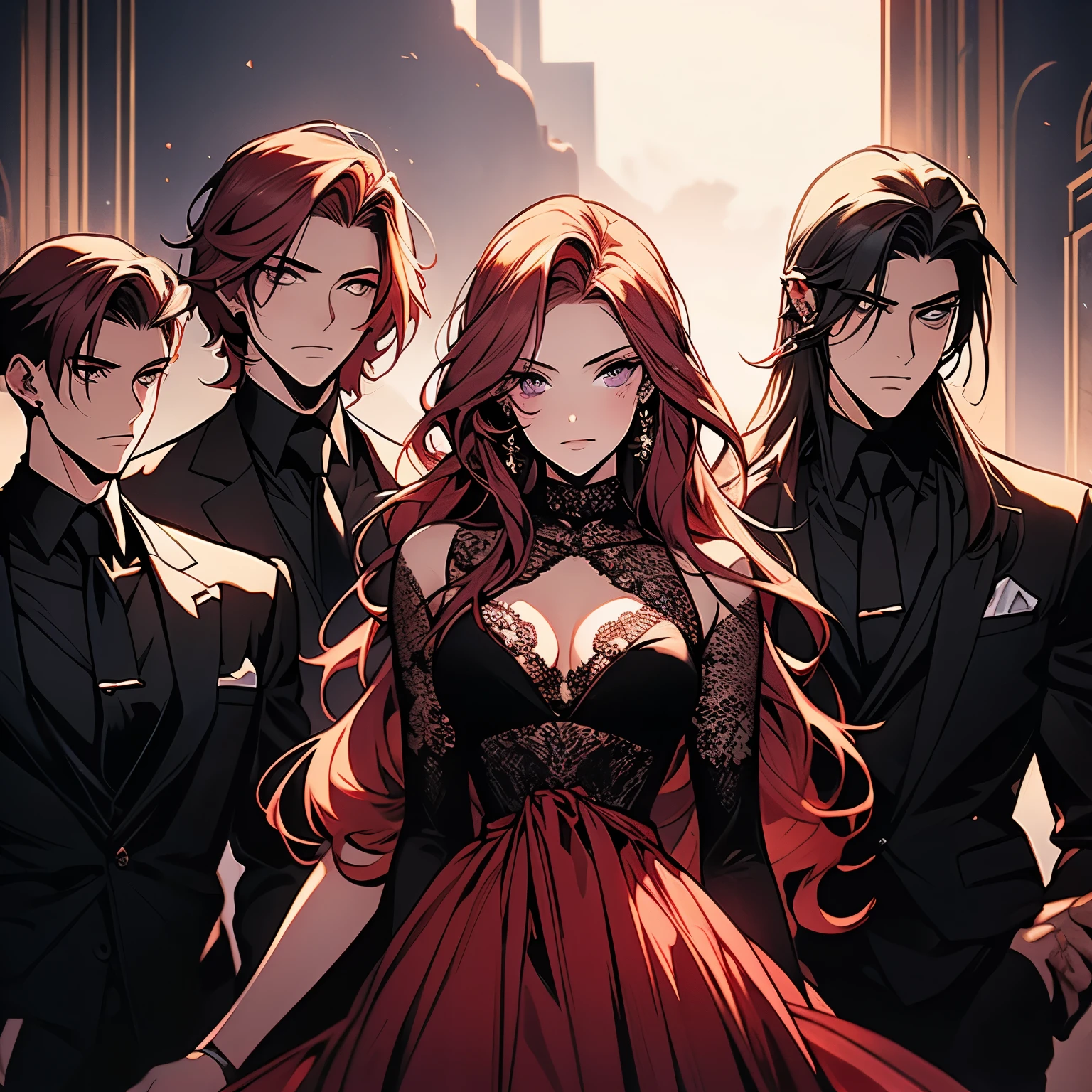 dibujo virtual chica hermosa, sexy and majestic blood red hair and piercing lilac eyes while surrounded by 3 beautiful 16 year oldstic and intimidating in an overprotective and possessive formation