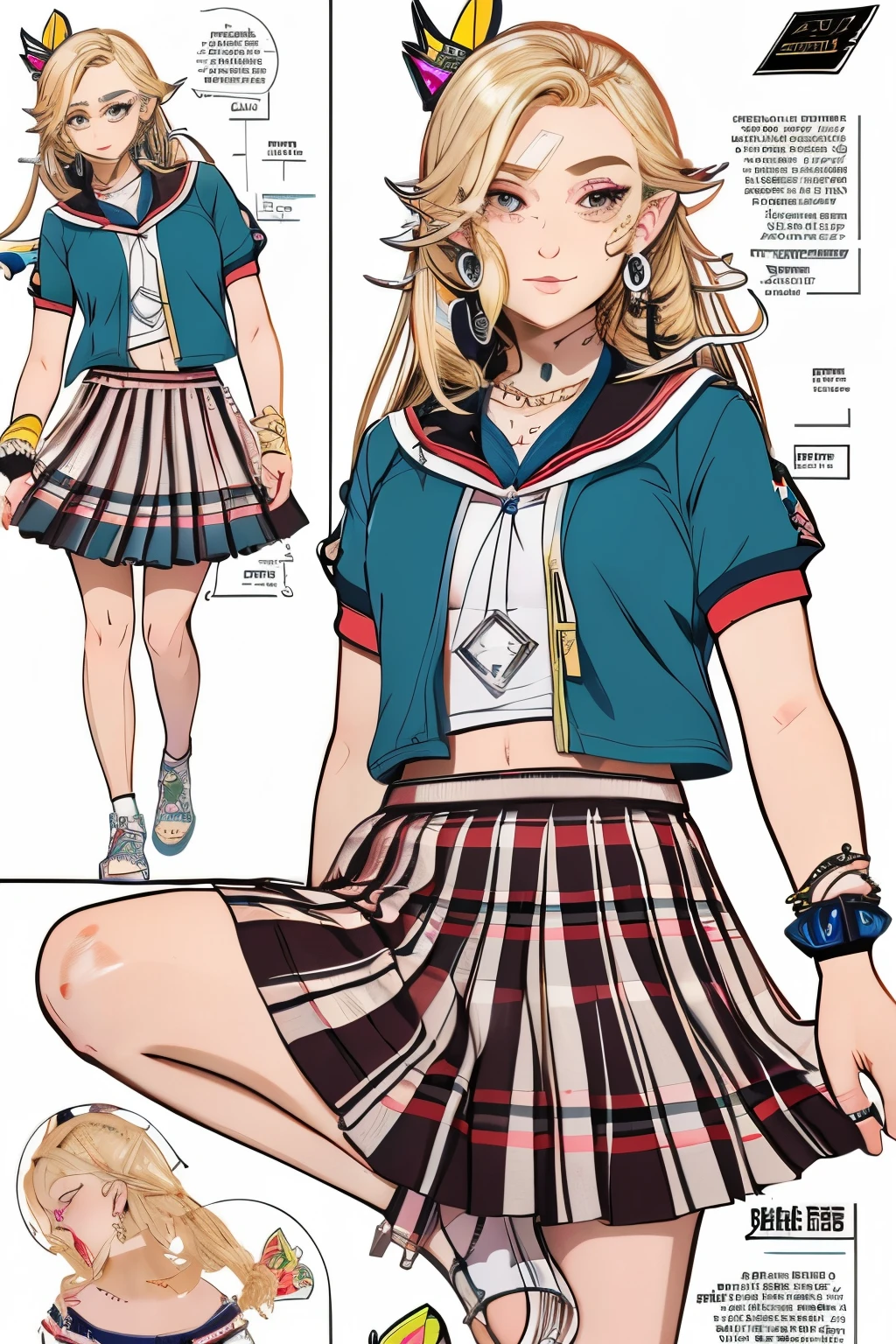 master piece,hyper quality, Hyper Detailed,Perfect drawing,NFSW,。.3D,8K Illustration、clearface、Hi-Res、1 persons、teens girl、a blond、messy hair style、Raised corners of the eyes、Outrage、((glares))、Wrinkles between the eyebrows、(((body piercings)))、Piercing 、numerous piercings in the ears、(((student clothes)))、abdominals、(Beautiful muscles)、((Pleated skirt 20 cm above the knee))、Trim your hair with a comb、School、crass room、Detailed drawing、Perfect Photo