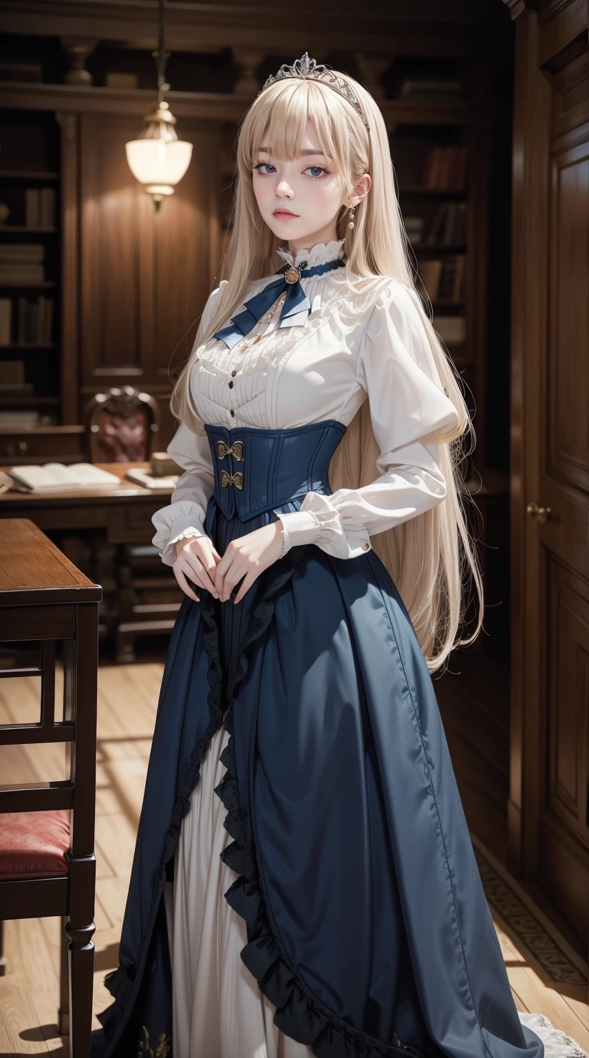 ((masterpiece, anatomically correct, high details, high quality, photorealistic, 8k)), young girl, (pureerosface_v1:0.008), (dynamic pose:0.7), Perfect Face, smirking, Shiny Blue Eyes, Detailed Eyes, Eyelashes, (Glossy Super Long Straight Blonde Hair with Blunt Bangs), porcelain white skin, ((perfect_fingers, better_hands, perfect_hands, perfect_legs):0.7), sophisticated outfit, dhevictorian, victorian dress, corset, embroidery, skirt, shirt, tiara, fantasy art, cinematic lighting, corridors