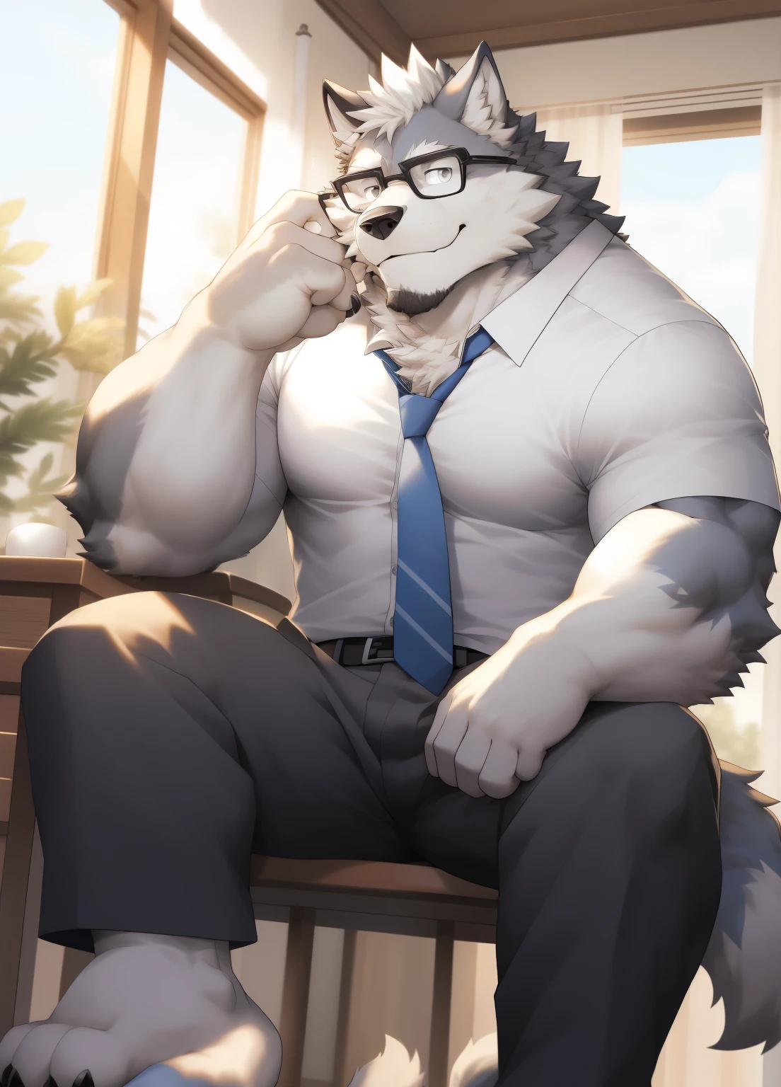 hairy,((Wolf,white shirt,tie,,white socks)),white fur,male,Common,full body picture((极其lifelike阴影,masterpiece,Very detailed,lifelike)), ((Cat)),dynamic poses,in the bedroom,Black-rimmed glasses,smirk,sit on the chair,window location,night((极其lifelike背景,masterpiece,Very detailed,lifelike)),穿着white socks