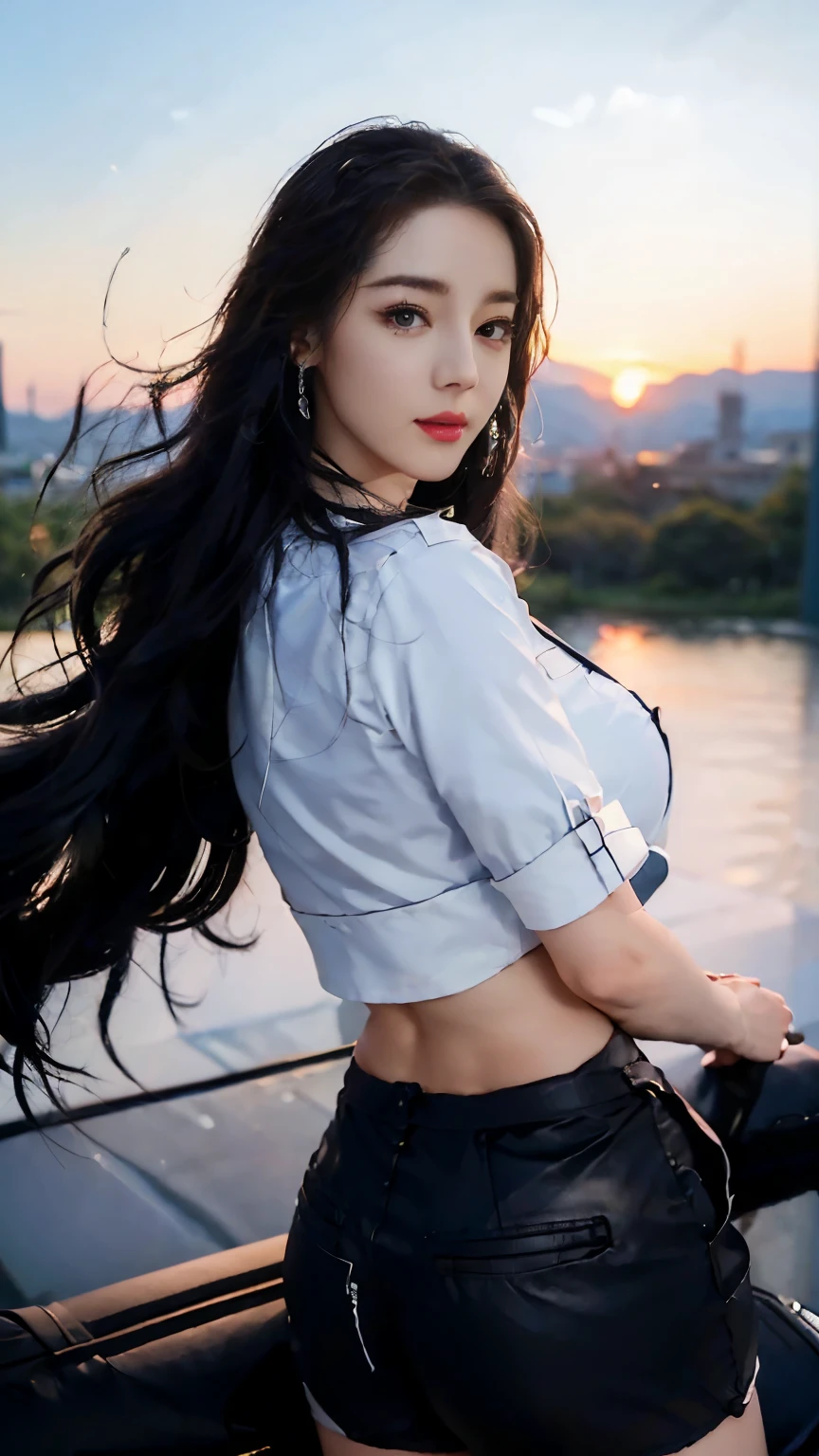 (best quality, 8k, 32k, masterpiece, ultra high definition:1.2), (actual:1.5), (masterpiece, Extremely detailed CG unified 8k wallpaper, best quality, high resolution:1.2), (Super detailed, ultra high definition:1.2), Photo of extremely cute and beautiful Japanese Miss, (chestnut long curly hair:1.2), aldult, (Detail of beautiful girl:1.4), best quality, Miss, aldult, (Detail of US Air Force pilot Captain:1.3), (White Captain Pilot Shirt:1.3), (black high-waist shorts:1.3), (Beautiful sunset US air force base runway Look at the background:1.2), Sorry to laugh:1, looking at the audience, for the audience, ((perfect female body)), (Willow Yao:1.2), (Upper body pictures:1.3), thin and long, abdominal muscles, (huge boobs:1.25), Frame the head, wind, dynamic poses, Light, 背Light, Detailed clothes, perfect anatomy, Perfect proportion, Detailed human body, Fashion model pose,,huge boobs,huge boobs,expose breast,expose breast,huge boobs,huge