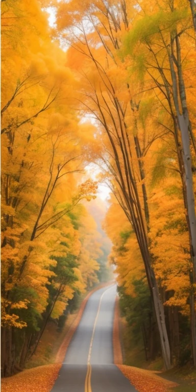 Close-up of a road，There are trees and leaves on both sides, gold的秋天, Vermont fall colors, 充满活力但沉闷的gold, yellow mist, in autumn, Orange ethereal, orange fog, soft autumn sunshine, autumn forest, in fall, in fall, gold, breath-taking beautiful trees, breath-taking beautiful trees, road between tall trees