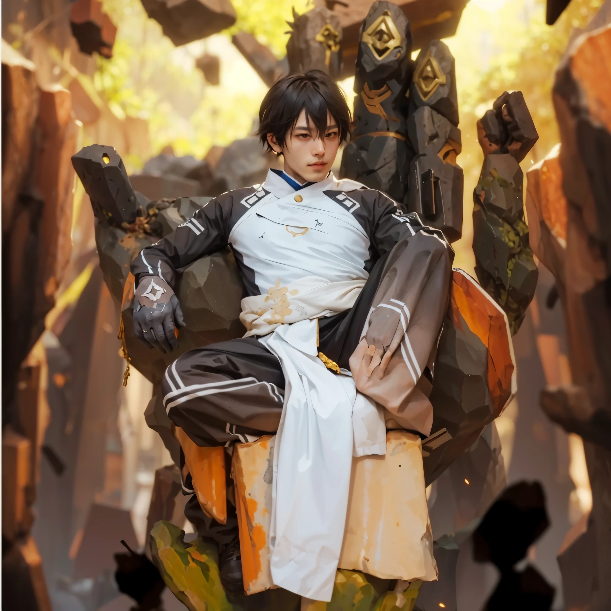 ((Zhongli morax_GENSHIN IMPACT)),((realistic, photorealistic)),(highlight hair)), Light reflection, (( HD )),((upper body)), (((best quality, masterpiece))), (masterpiece) (best quality) (detail) (8k) (HDR) (wallpaper) (cinematic lighting) (sharp focuasterpiece, best quality: 1.1), 1men solo, Zhongli, shadow,back light,Zhongli Spear genshin impact, sitting on a rock shaped like a larva's hand, a mountain rock ruin,Mountain rocks background,Stone-shaped hands