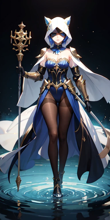 ((best quality)), ((masterpiece)), (detailed),full body anime picture of a masked hydromancer , hooded , sleeveless strapless outfit , gown , french gown , mask , pantyhose , leotard , herald , hidden eyes , staff , lector , water , blue and black clothing , armor , armored gown