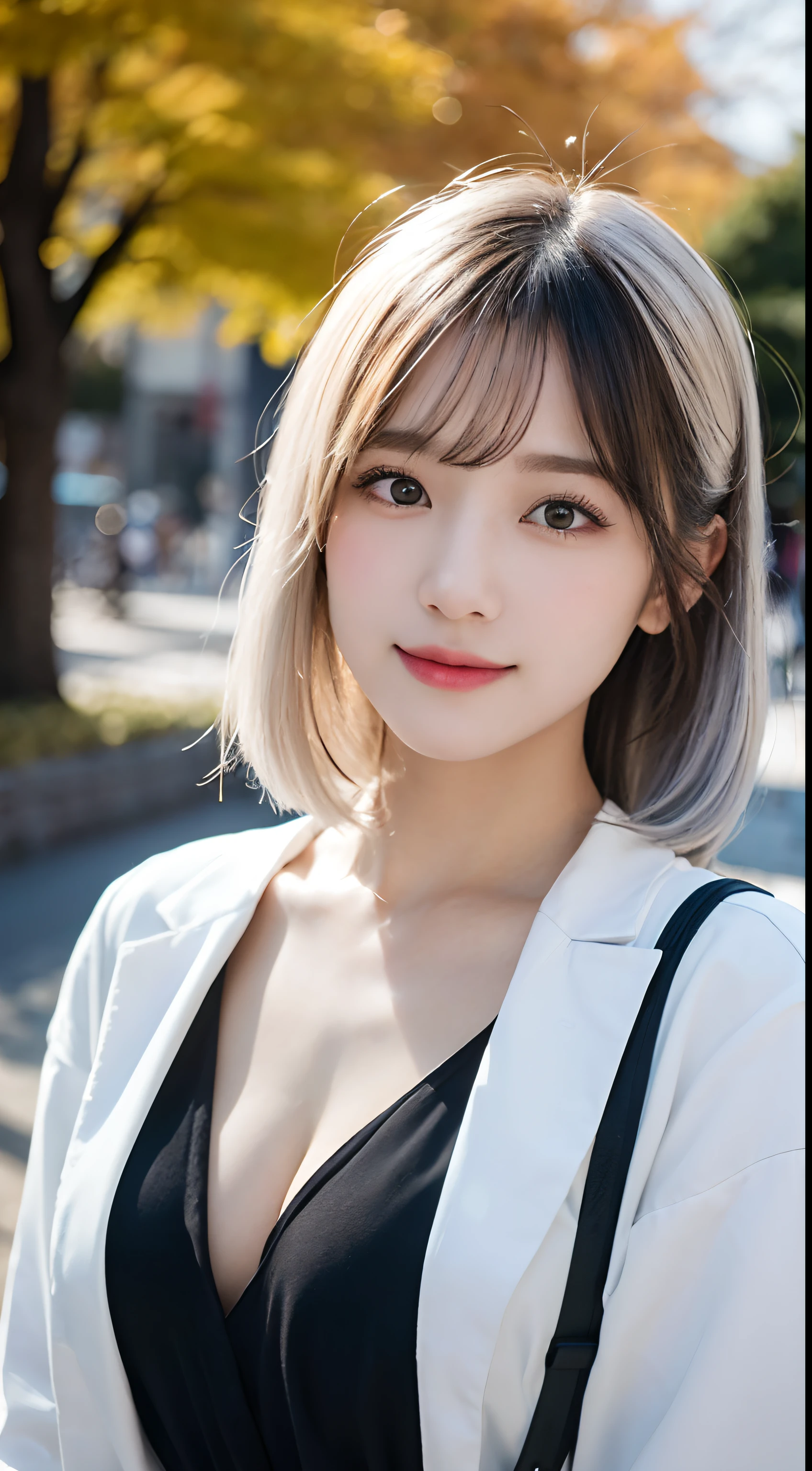 randome pose, mix4, (8K, Raw photography, top-quality, ​masterpiece: 1.45), (realisitic, Photorealsitic: 1.37), one girls, cute little, A smile、Cityscape, natta, profetional lighting, plain,a park,photon maping, Radio City, physically-based renderingt, Gradient black hair, white  hair, Straight Long Cut,gals,a handsome, girl with, large full breasts,long-sleeve,coat,Autumn clothes,Autumn outfit,top quality photo, hight resolution, 1080p, (clearface), (Detailed face description), (Detailed hand description), (​masterpiece), realisticlying, extreme light and shadows, dishevled hair, ​masterpiece, lush detail, (Fine facial features), (Highest Quality Photos), (​masterpiece), (finely eye), dual、Look in front of you, Fine clavicle,Emphasis on the armpits、Show lower milk,