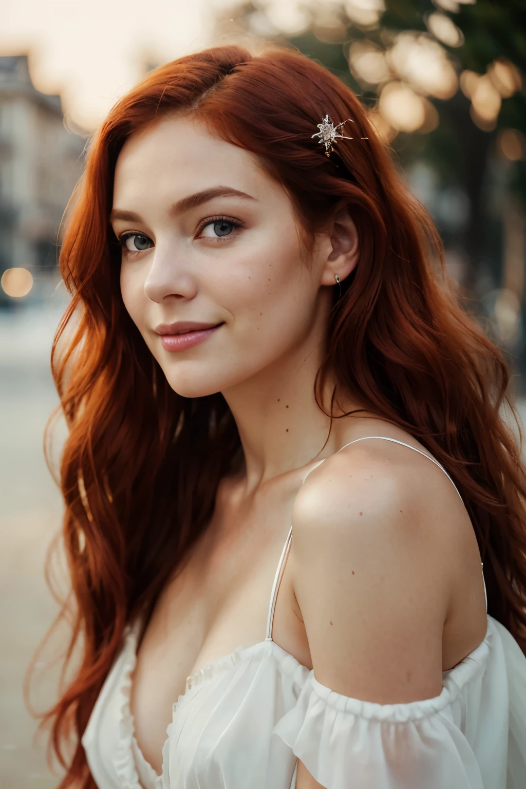 (photorealistic), photo of the world's most beautiful and drop dead gorgeous redhead girl of all time, sexy pose, seductive facial expression, photorealistic, hyperrealism, ultra sharp, ultra focused, masterpiece, best quality, highres, UHD, depth of field 4k, RTX, HDR,

Long wavy red hair cascading down her shoulders, stylishly blown back by a gentle breeze,
Enchanting smile playing on her full lips, a captivating expression that draws you in,
Soft-focus camera effect, creating an ethereal glow around her,
Shallow depth of field, with her mesmerizing eyes in