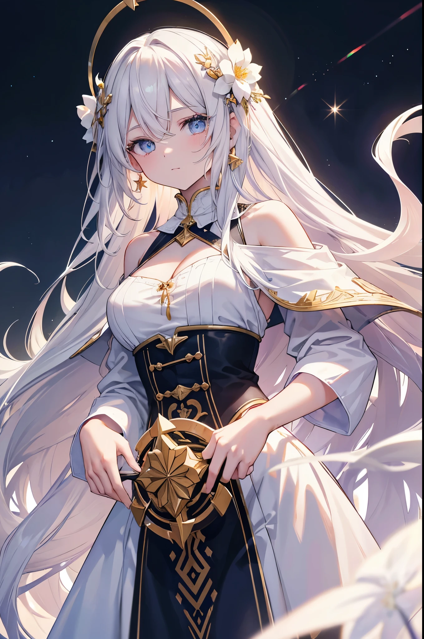 (long white hair, hair on shoulders, very long hair, very thick hair), gray hair color, (beautiful and fine eyes, white eye color, star student), holy maiden, saint's clothes, pray to god, At a fantastic shrine, ring of light, big chest of blessings, cleavage, crescent moon earrings, Floral (Beautiful detailed jeweled leather collar), (hair flower hairpin), Exploiting lens flares, chromatic aberration, high detail, anime, romanticism, About art, Depth of bounds written, motion blur, shining light, film grain, UHD, retina, Accurate, masterpiece, anatomically correct, rough skin, Super detailed, high details, high quality, Awards, 最high quality, High resolution, 16k, put your hands behind your back, not looking at the screen