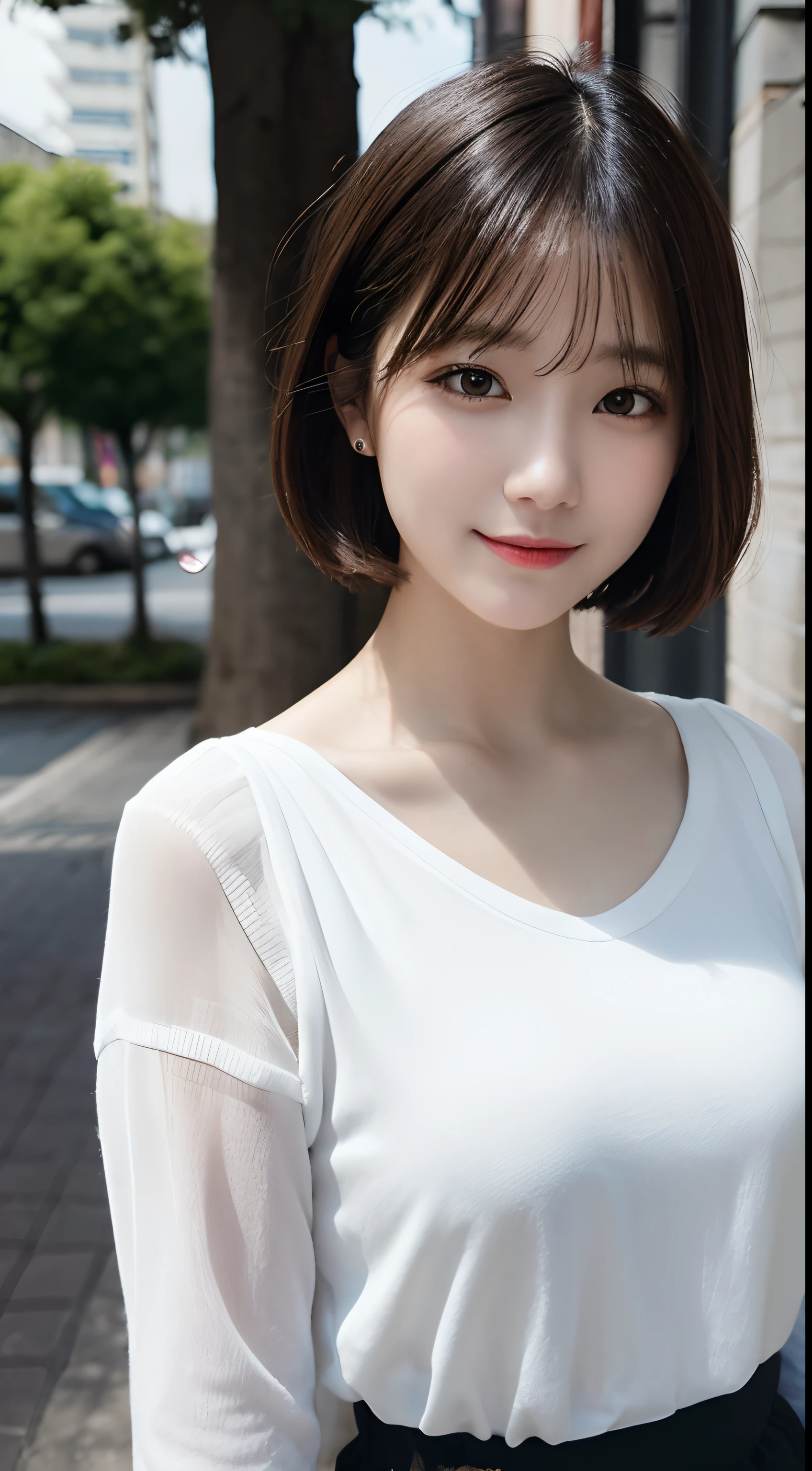 randome pose, mix4, (8K, Raw photography, top-quality, ​masterpiece: 1.45), (realisitic, Photorealsitic: 1.37), one girls, cute little, A smile、Cityscape, natta, profetional lighting, plain,a park,photon maping, Radio City, physically-based renderingt, Gradient black hair, white  hair, Short Bob Cut Straight Hair,gals,a handsome, girl with, large full breasts,Random attire,long-sleeve,skirt by the,top quality photo, hight resolution, 1080p, (clearface), (Detailed face description), (Detailed hand description), (​masterpiece), realisticlying, extreme light and shadows, dishevled hair, ​masterpiece, lush detail, (Fine facial features), (Highest Quality Photos), (​masterpiece), (finely eye), dual、Look in front of you, Fine clavicle,Emphasis on the armpits、Show lower milk