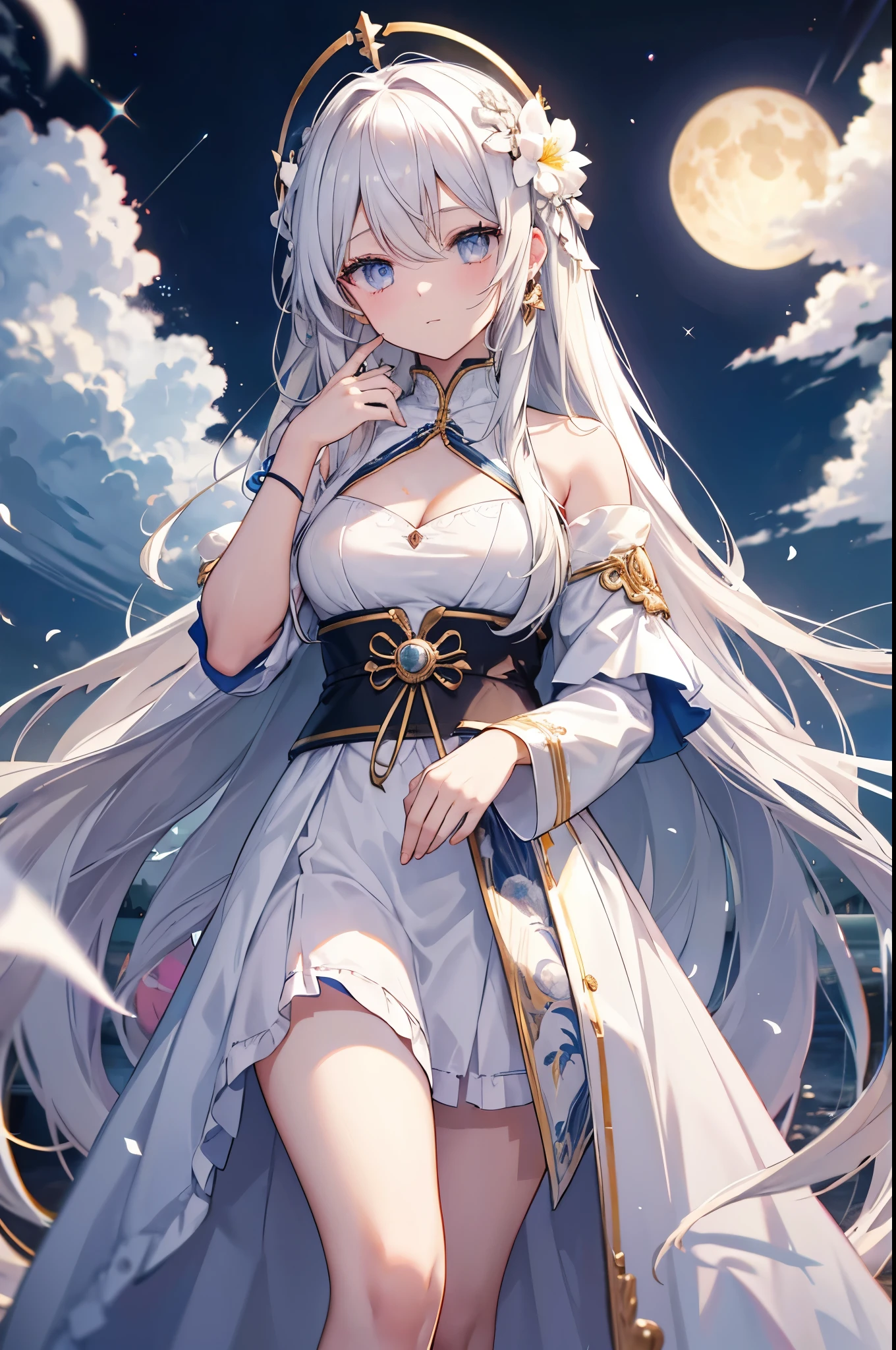 (long white hair, hair on shoulders, very long hair, very thick hair), gray hair color, (beautiful and fine eyes, white eye color, star student), holy maiden, saint&#39;s clothes, pray to god, At a fantastic shrine, ring of light, big chest of blessings, cleavage, crescent moon earrings, Floral (Beautiful detailed jeweled leather collar), (hair flower hairpin), Exploiting lens flares, chromatic aberration, high detail, anime, romanticism, About art, Depth of bounds written, motion blur, shining light, film grain, UHD, retina, Accurate, masterpiece, anatomically correct, rough skin, Super detailed, high details, high quality, Awards, 最high quality, High resolution, 16k, put your hands behind your back, not looking at the screen
