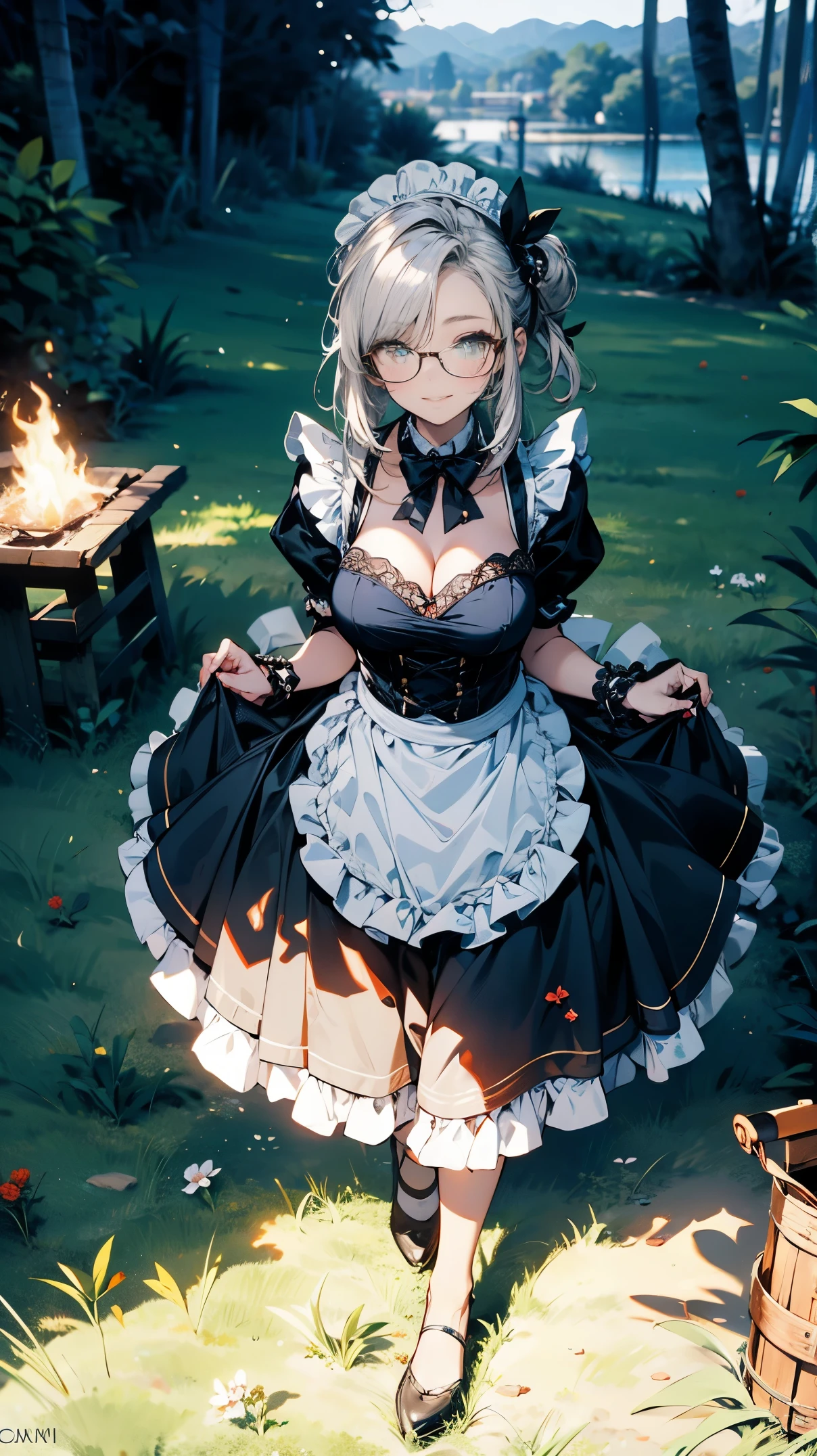 (best quality, masterpiece), (ultra high resolution, 8K RAW photo, photo realistics:1.5, textile shading, thin outline, clear focus:1.2), Beautuful Matured woman setting an afternoon_tea_party in the garden, standing by the round table, (meisen's tea set, tea pot, tea cups, some cakes on dish), delicate and classy gothic style white table, wearing light_brown maid uniform, breast cleavage, maid costume:1.2, long flare skirts, apron, bow ties on the chest, long tall sally, long legs, long white hair, (wearing thin-flame glasses:1.2), (milf:1.5, 28 years old, solo), (large breast, sagging breast, big tits, narrow waist), (medium short white hair, hair over one eye, (updo hair:1.2), side lock, asymmetric hair, wavy hair), (bright pupils, detailed eyes, high detailed face, Perfect face shape, eye rush), (seductitve smiling, half-closing eyes), (looking at viewers:1.3), (dynamic angle, full body, from above:1.2), ((correct anatomy:1.5, correct hands)), (ideal ratio of body proportions), (outdoor:1.2, grass field),