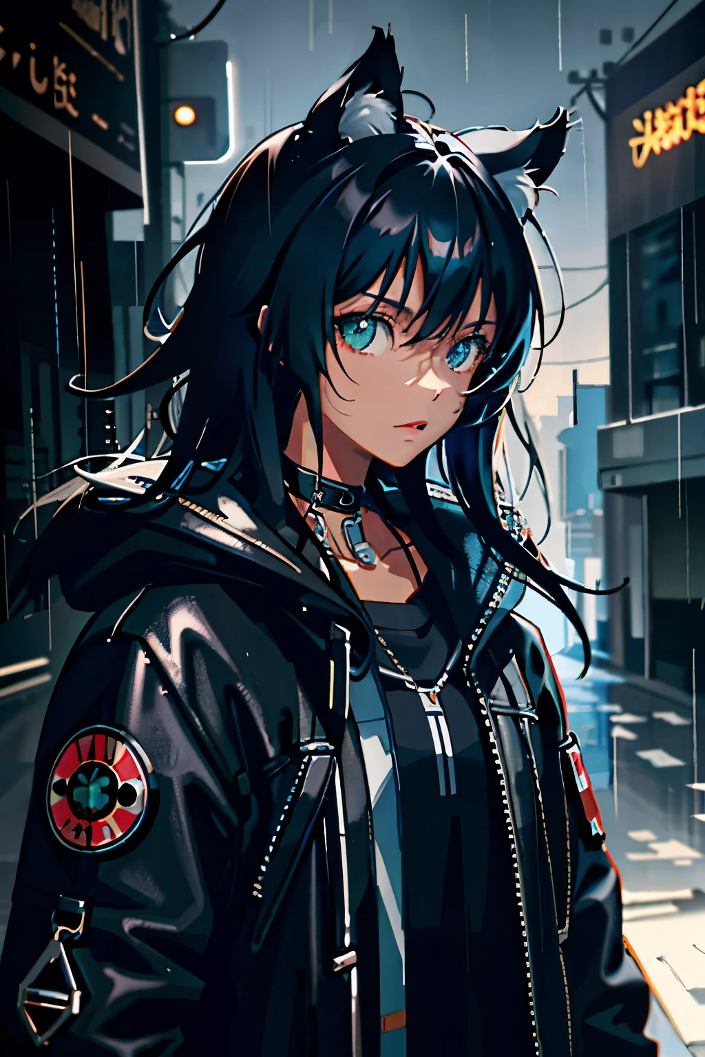 black girl cat, jacket, rain, outdoor, hoodie, open jacket, chain, backpack, looking at another, messy hair, trending on artstation, 8k resolution, highly detailed, anatomically correct, sharp image, digital painting, concept art, trending on pixiv, style of makoto shinkai,